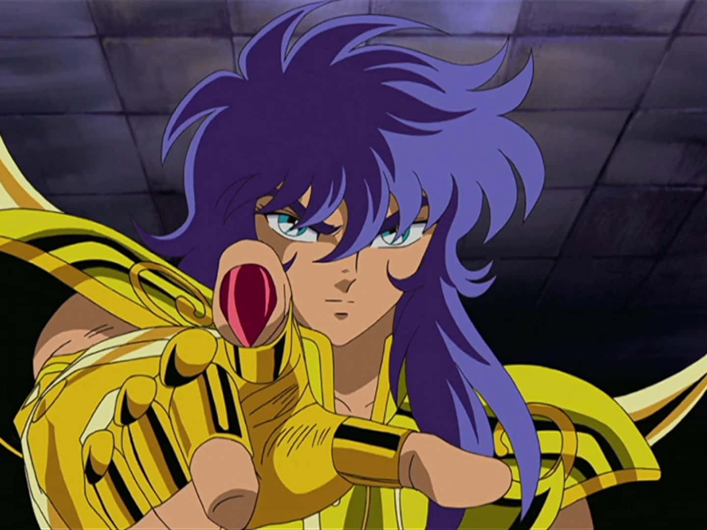 Milo Scorpio, spiky purple hair, golden armor, HD Desktop Wallpaper