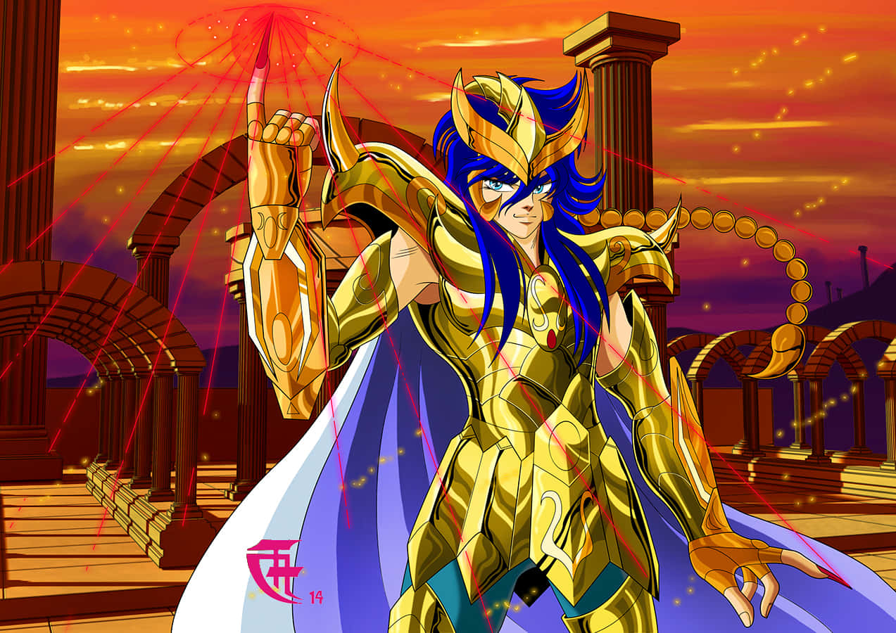 Scorpio Milo, golden-armored anime warrior, blue hair, SD Desktop Wallpaper
