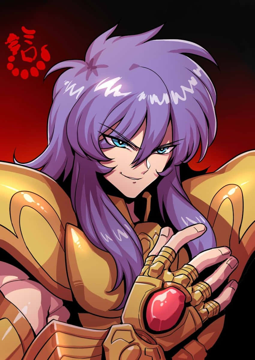Scorpio Milo, purple-haired anime warrior, golden armor, SD Phone Wallpaper