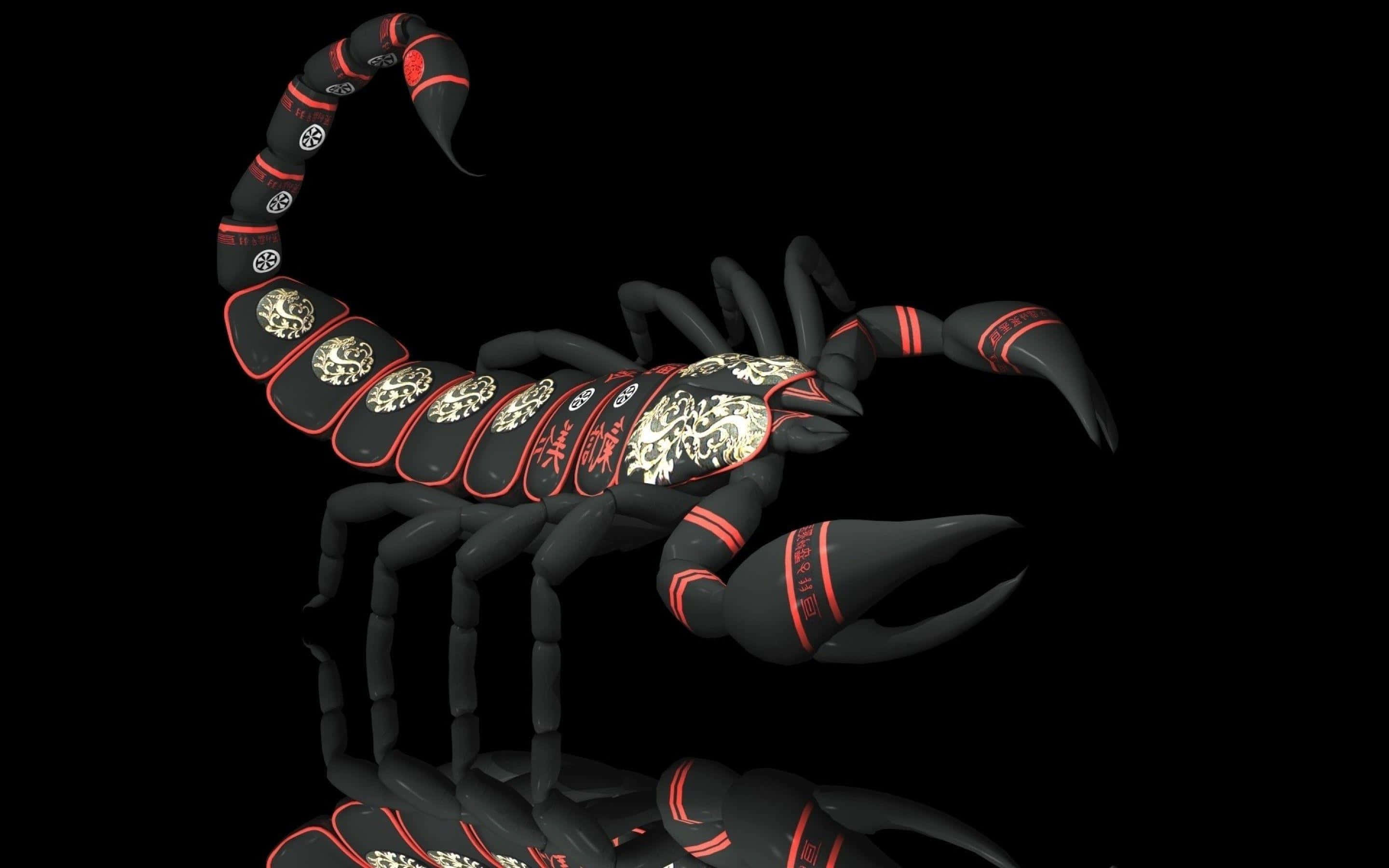 Scorpio Zodiac, glossy black scorpion, red and gold ornate patterns, 2K Desktop Wallpaper