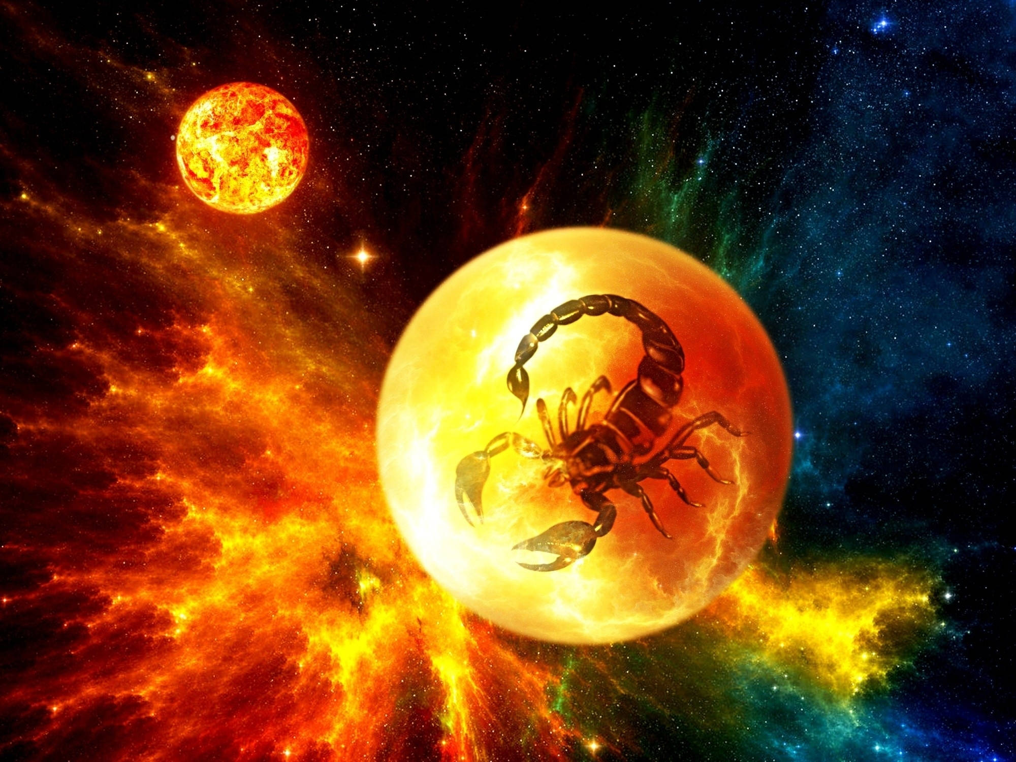 Scorpio, orange planet, fiery nebulae, Full HD Desktop Wallpaper