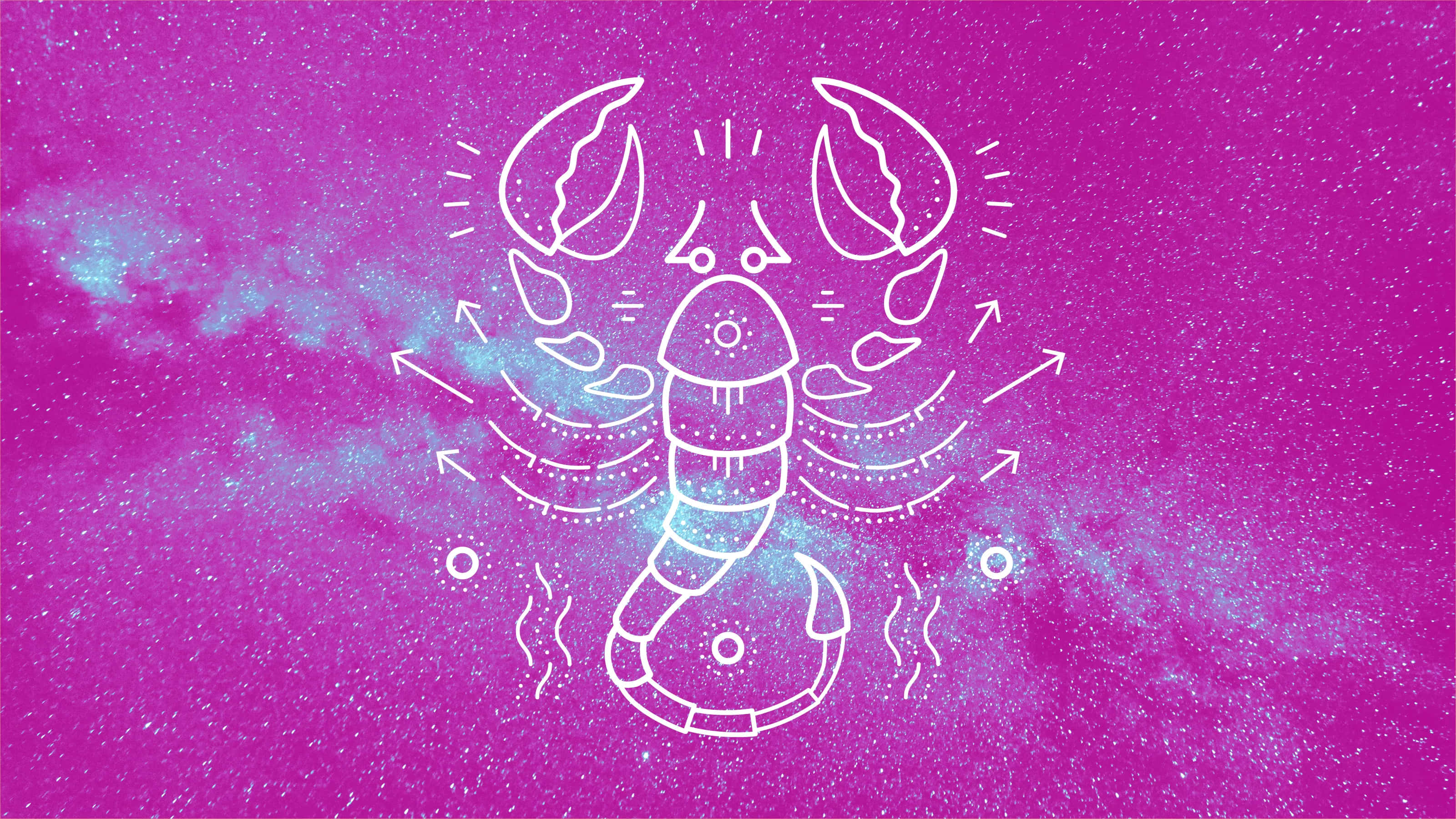 Scorpio, white line-art scorpion illustration, vibrant purple cosmic background, 2K Desktop Wallpaper