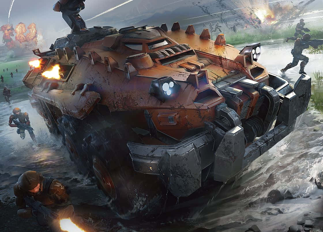 Scorpion Halo, orange tank, flooded field, SD Desktop Wallpaper