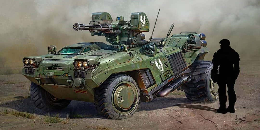 Scorpion Halo, green armored vehicle, soldier silhouette, SD Desktop Wallpaper