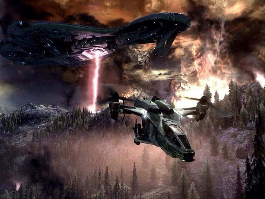 Scorpion Halo, futuristic fighter jet, fiery sky, SD Desktop Wallpaper