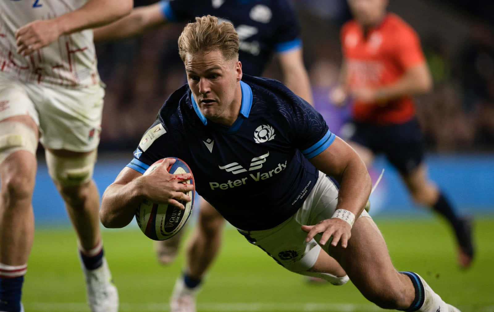 Scotland Rugby, dark blue jersey, stadium lights, HD Desktop Wallpaper