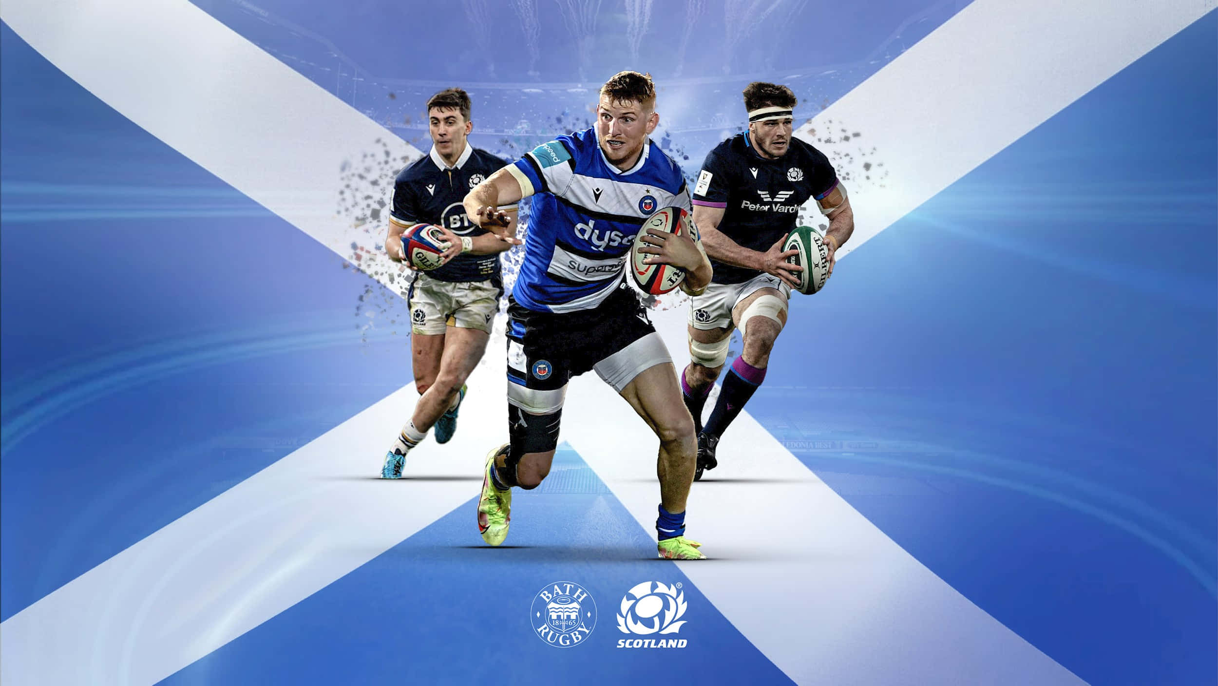 Scotland Rugby, three rugby players, sprint forward, Full HD Desktop Wallpaper