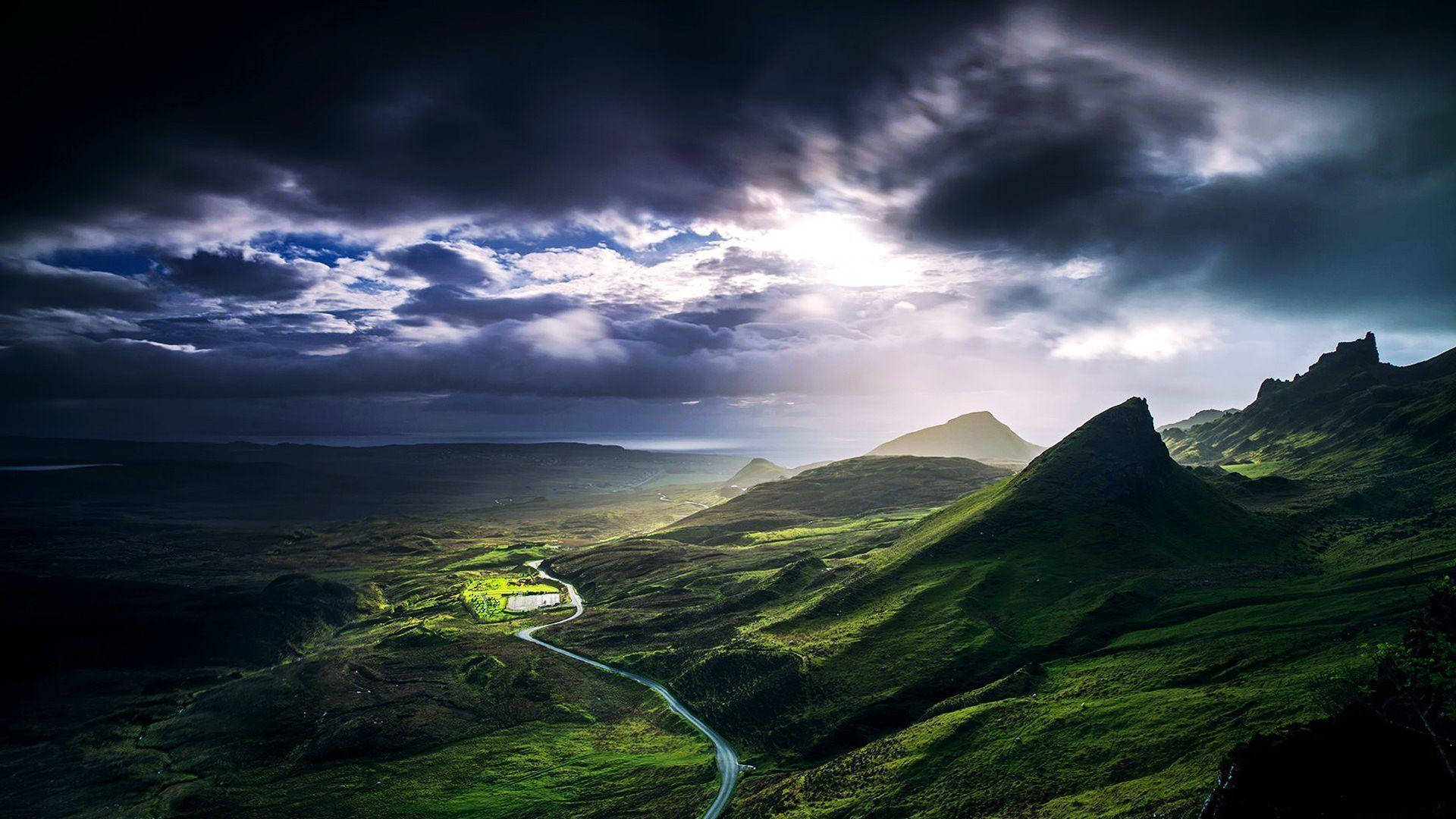 Scotland Hills, winding road, lush green hills, Full HD Desktop Wallpaper
