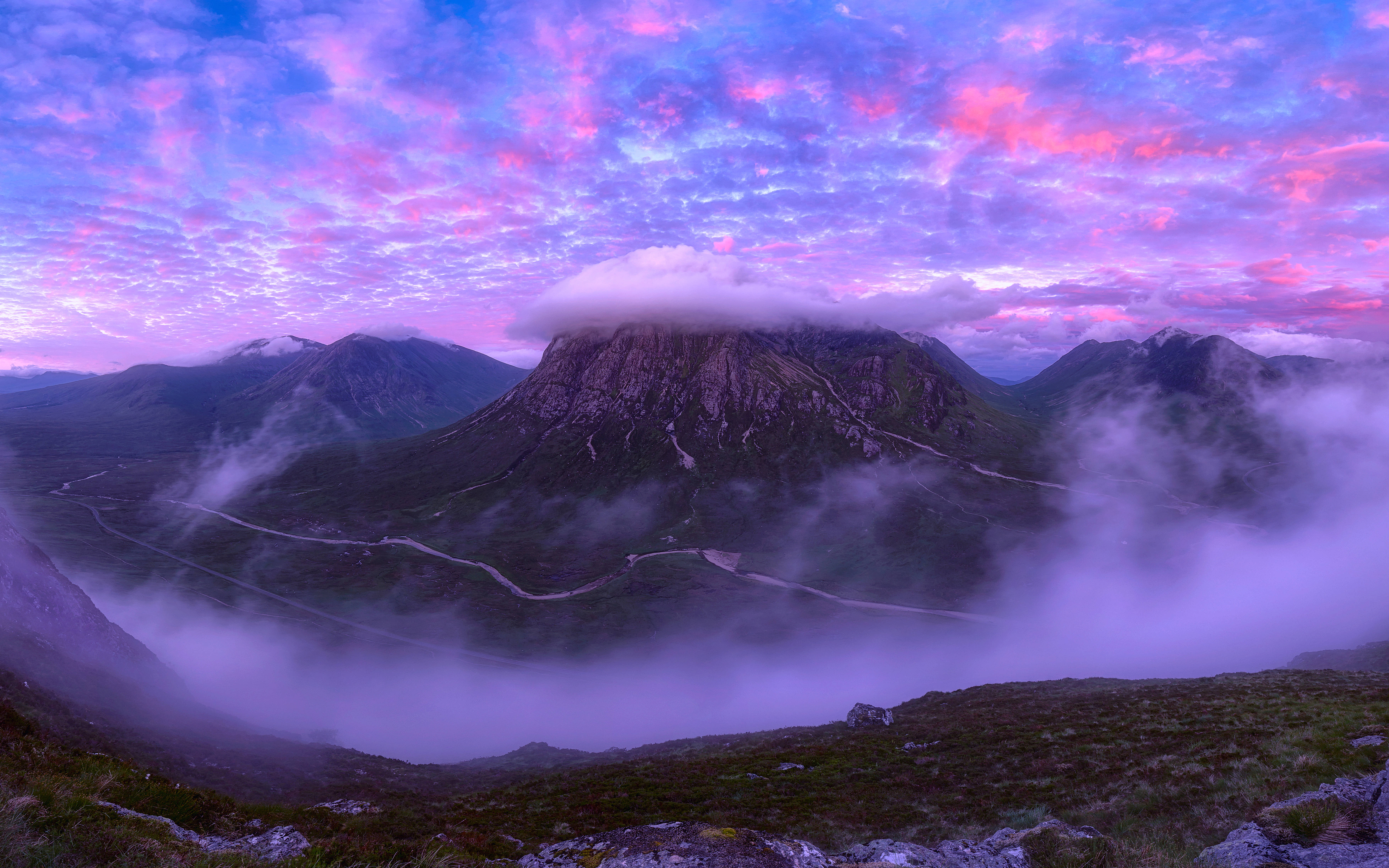 Scotland, mountain peak, purple mist, 5K Desktop Wallpaper