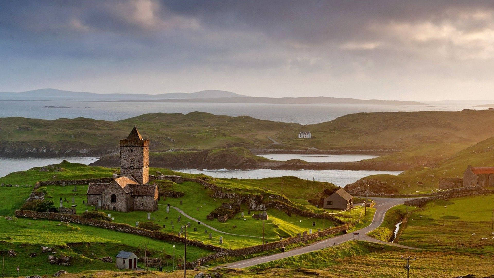 Scotland, ancient stone church, sunlit green hill, Full HD Desktop Wallpaper