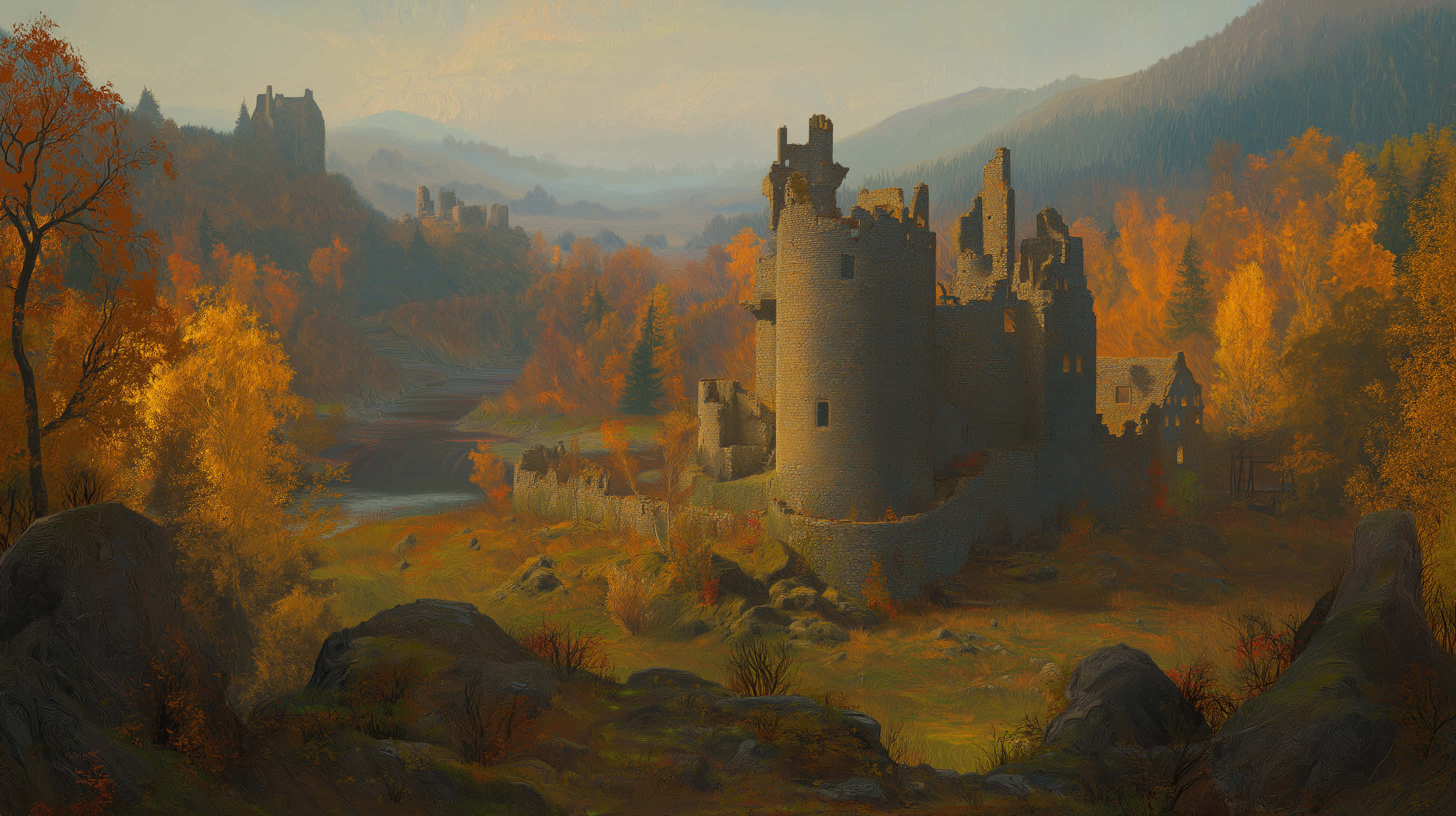 ancient castle ruins, autumn foliage, golden trees, 2K Desktop Wallpaper