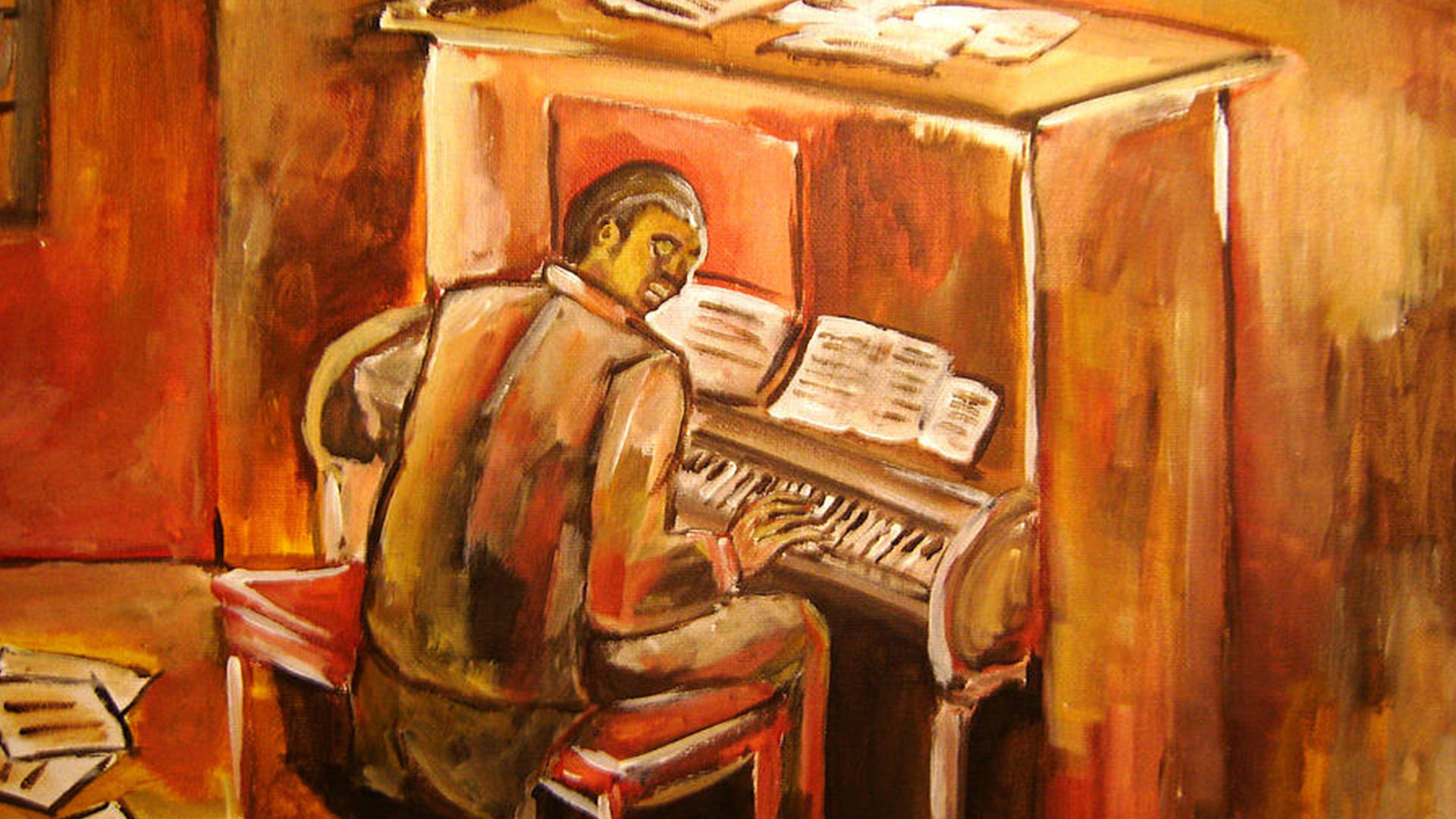 Scott Joplin, upright piano, oil portrait, Full HD Desktop Wallpaper