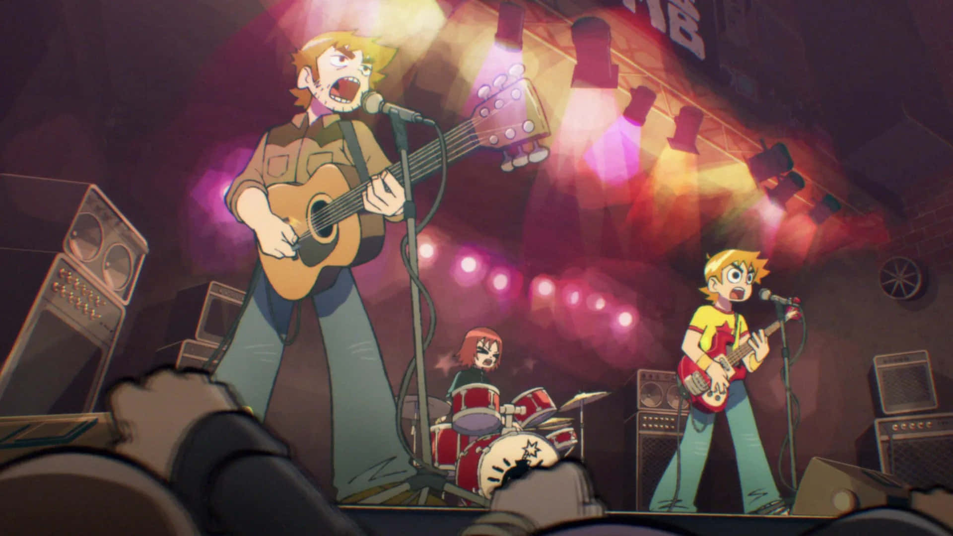 Scott Pilgrim, band performance, dimly lit stage, Full HD Desktop Wallpaper