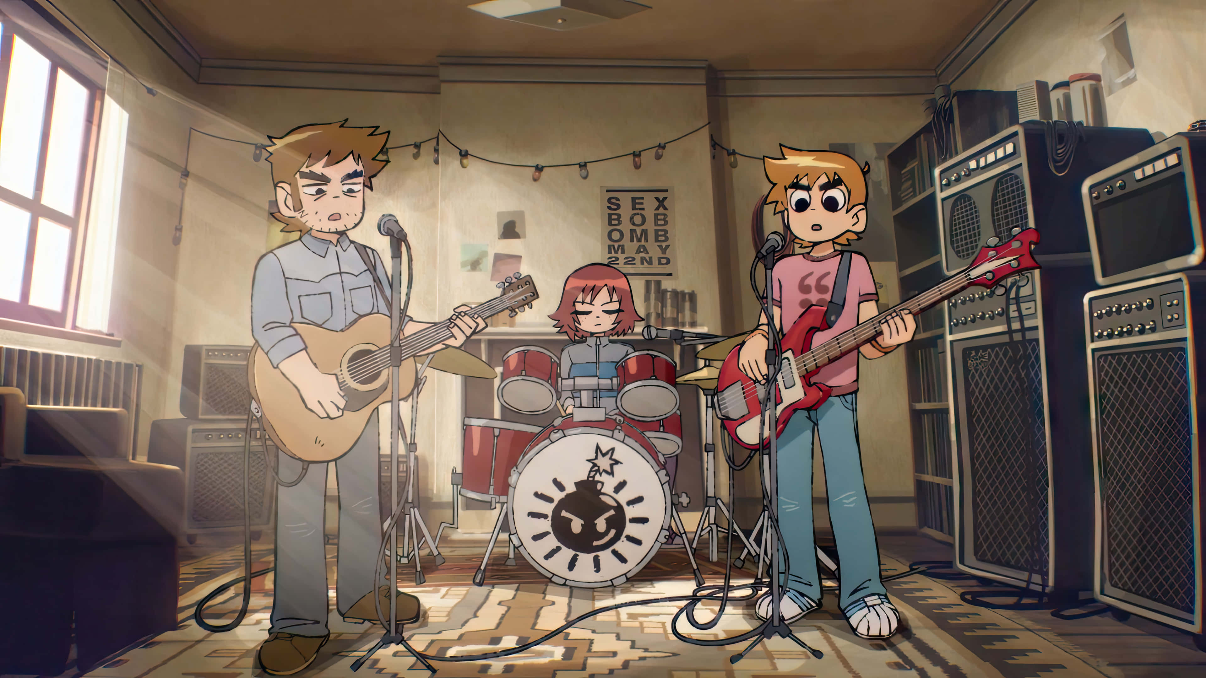 Scott Pilgrim, band rehearsal, sunlit cluttered basement studio, 4K Desktop Wallpaper