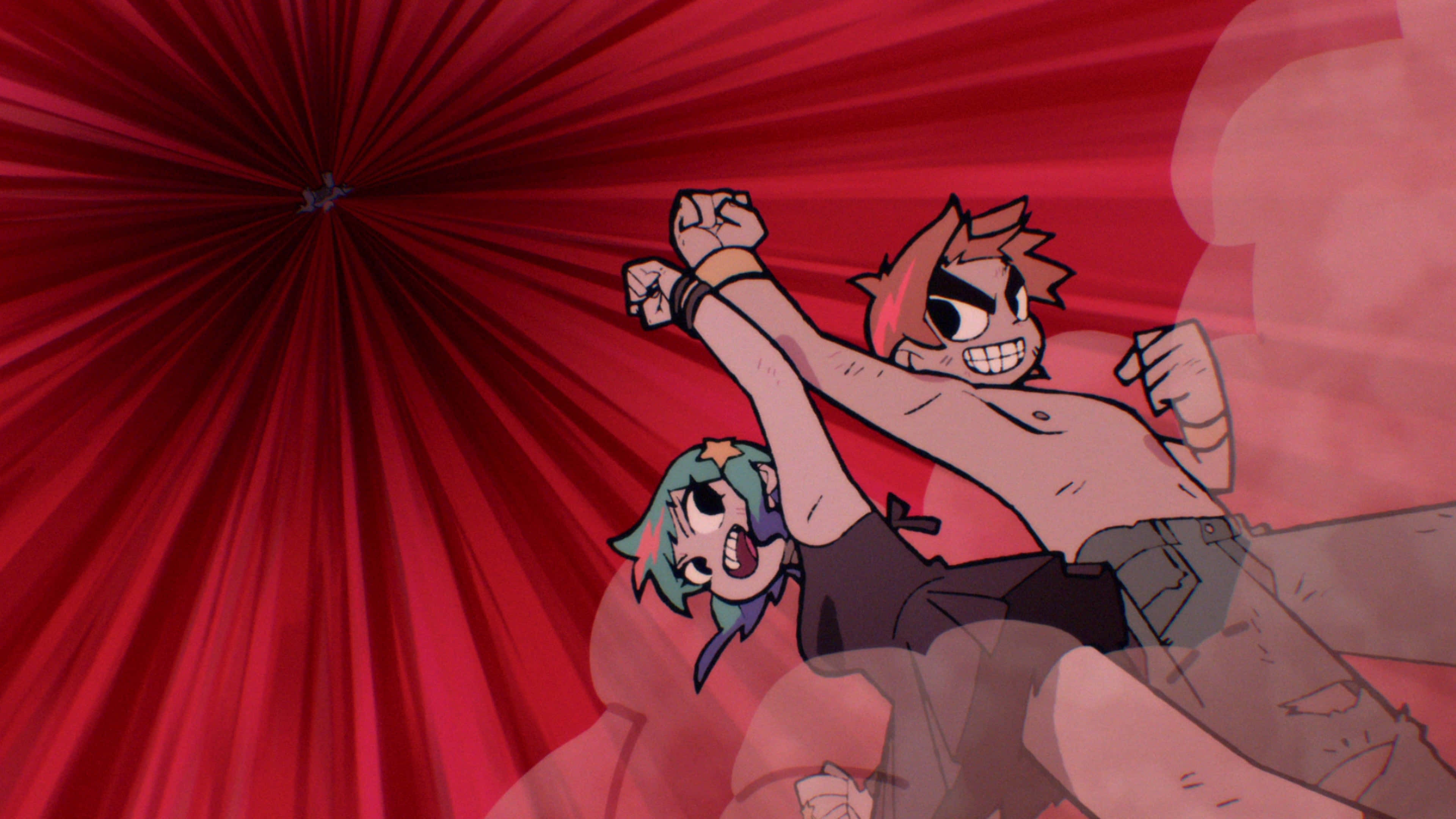 Scott Pilgrim, animated characters, vibrant red radial burst background, 4K Desktop Wallpaper