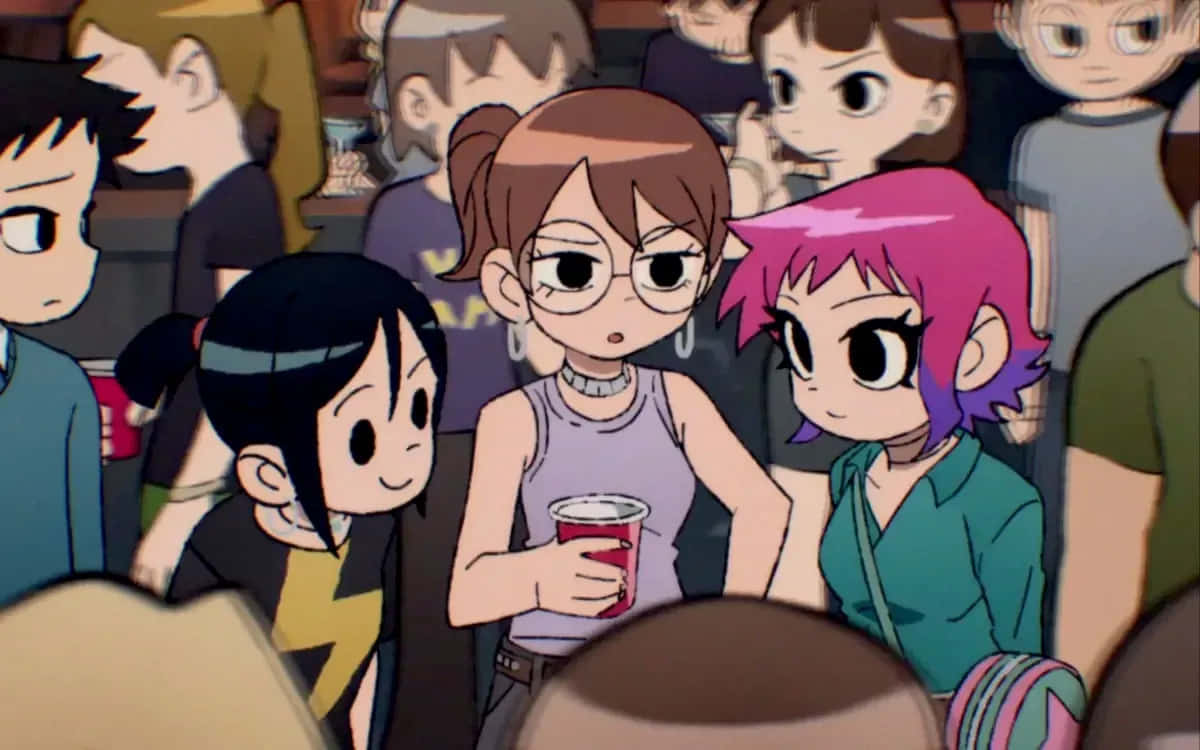 Scott Pilgrim, anime teens, crowded cafe, SD Desktop Wallpaper