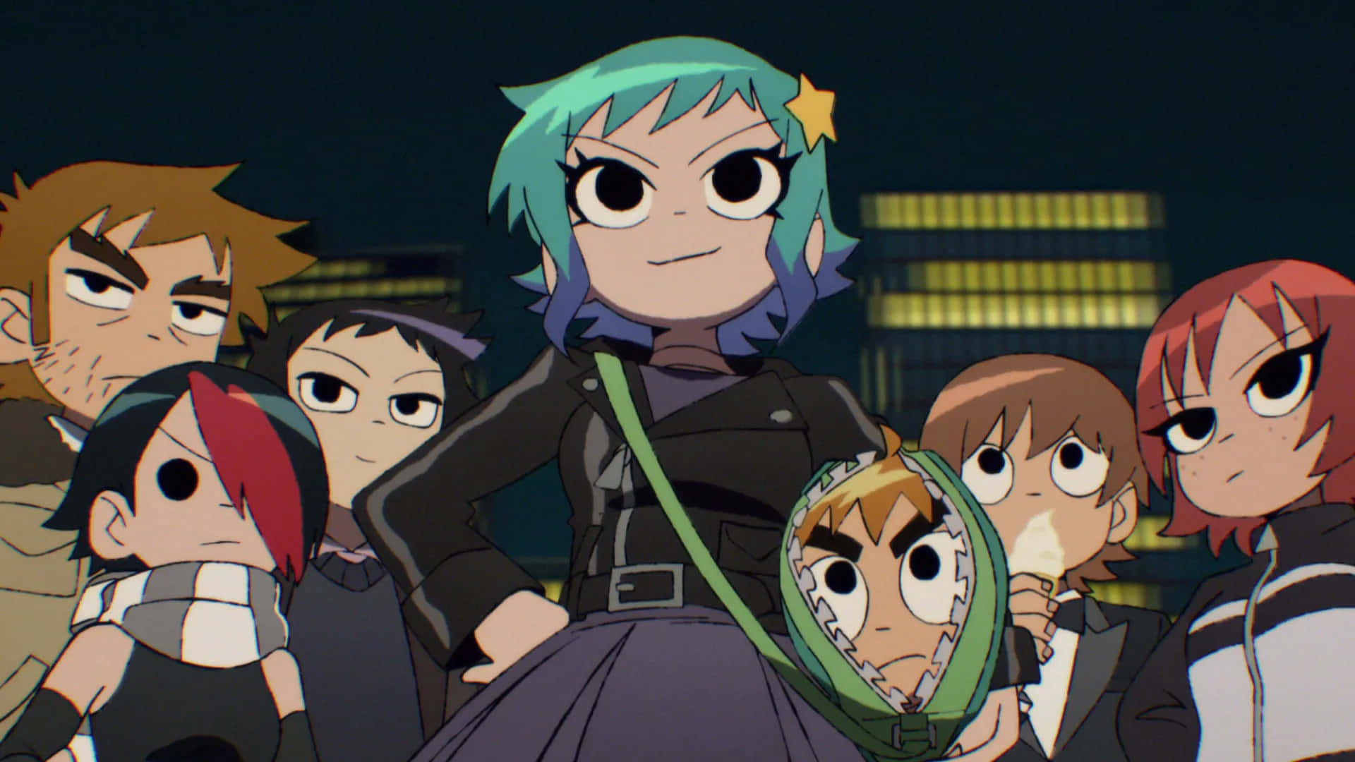 Scott Pilgrim, animated characters, glowing city skyline, Full HD Desktop Wallpaper