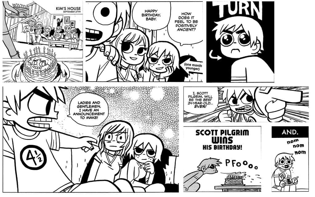 Scott Pilgrim, black and white comic panels, chaotic birthday celebration, SD Desktop Wallpaper