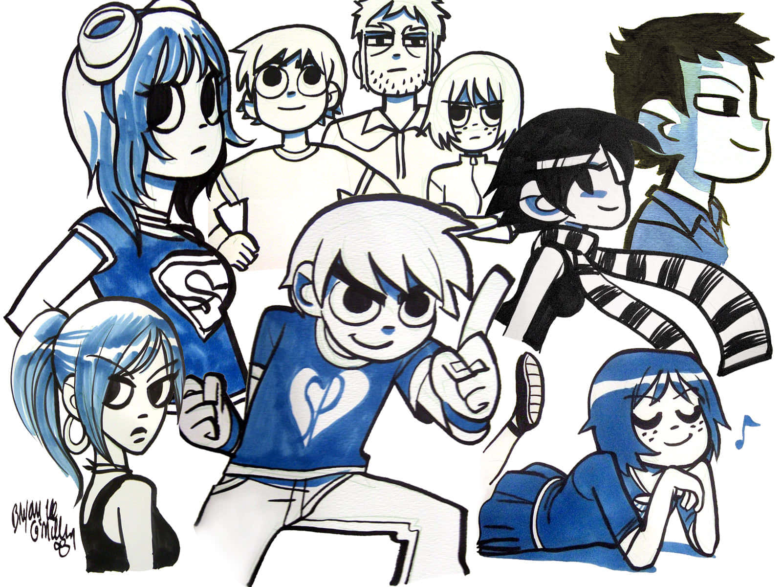 Scott Pilgrim, anime-style, vibrant blue and white, HD Desktop Wallpaper
