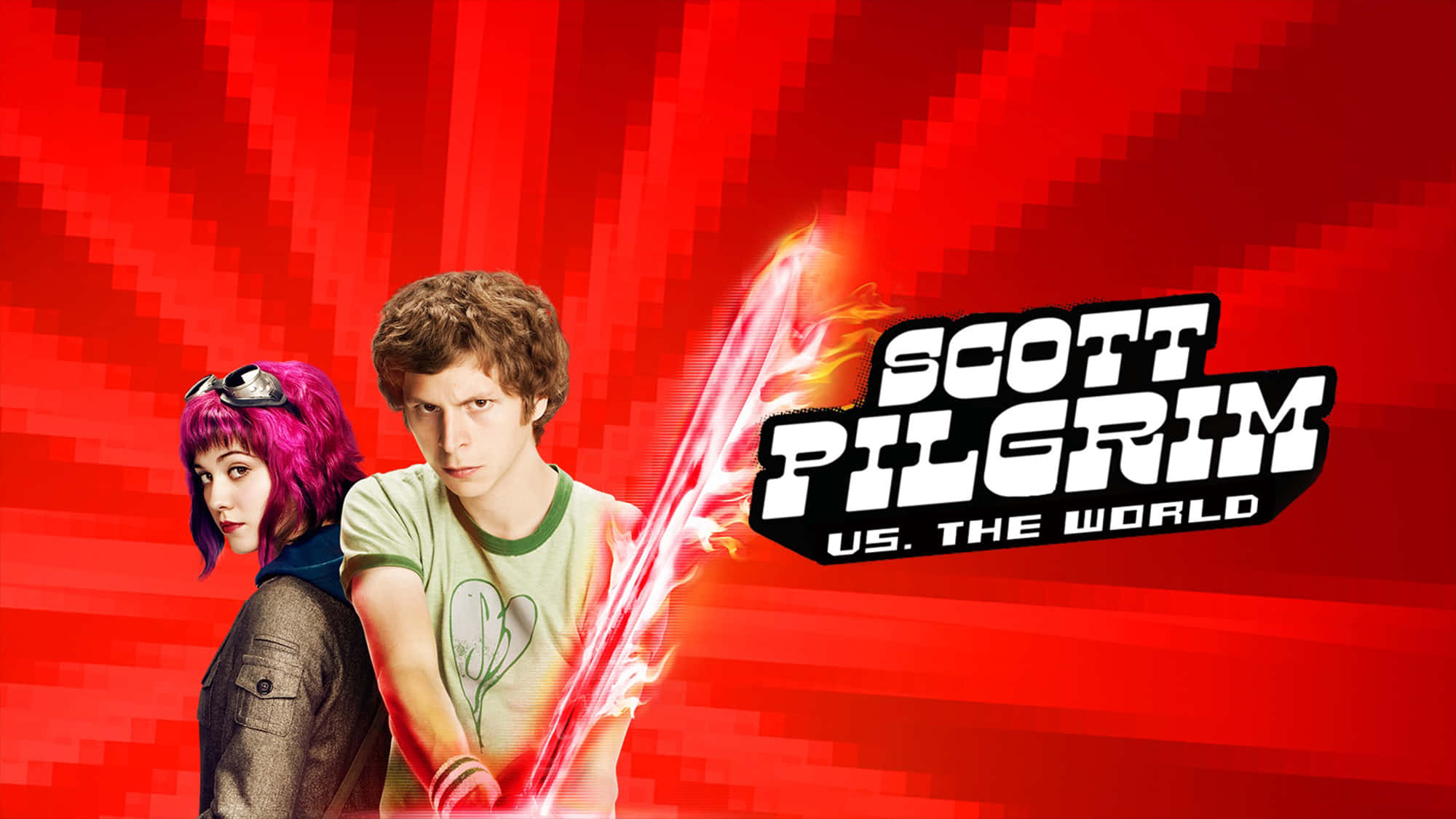 Scott Pilgrim, Human Version, pixelated red background, Full HD Desktop Wallpaper