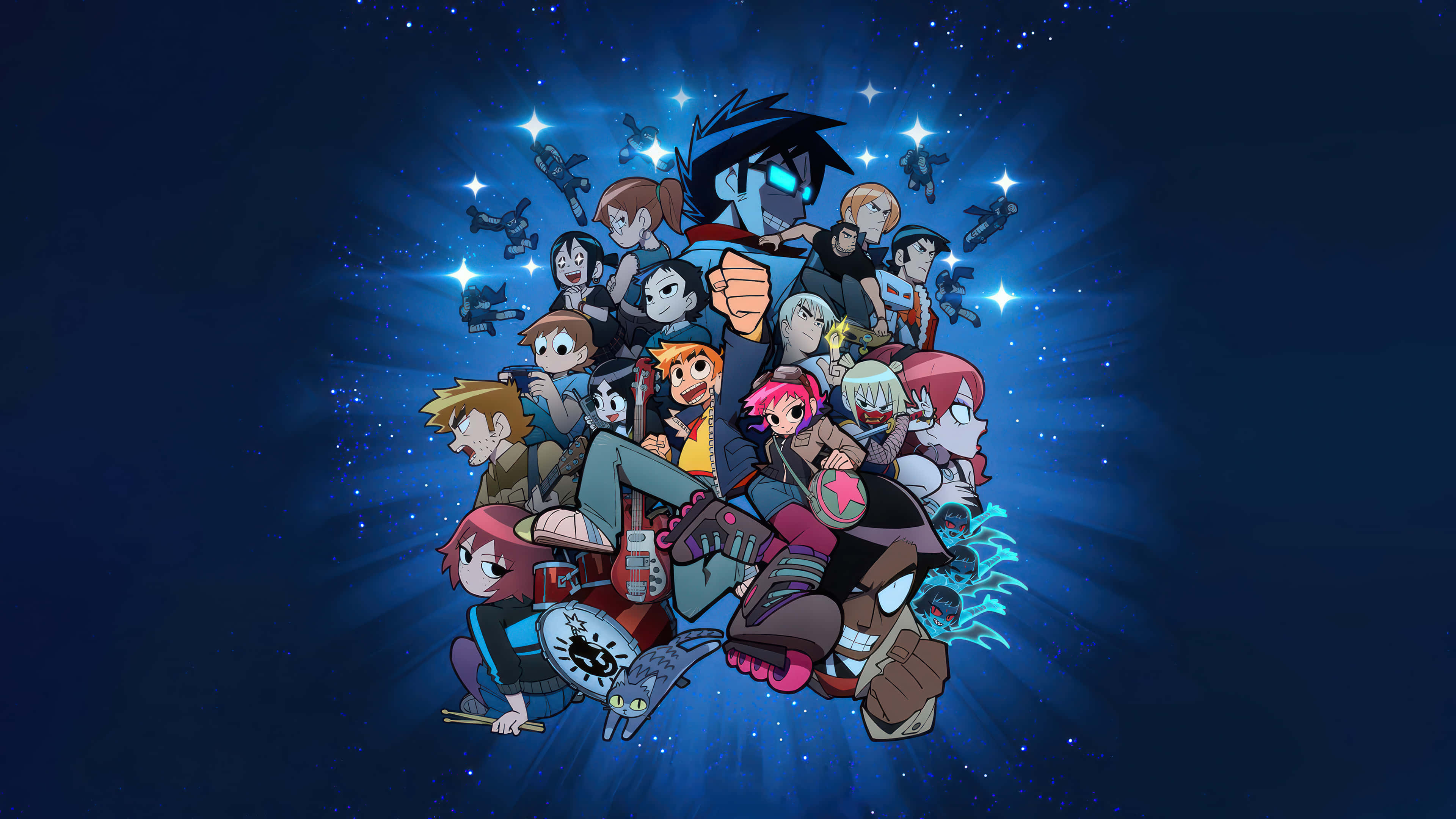 Scott Pilgrim, anime characters, starry cosmic backdrop, 4K Desktop Wallpaper