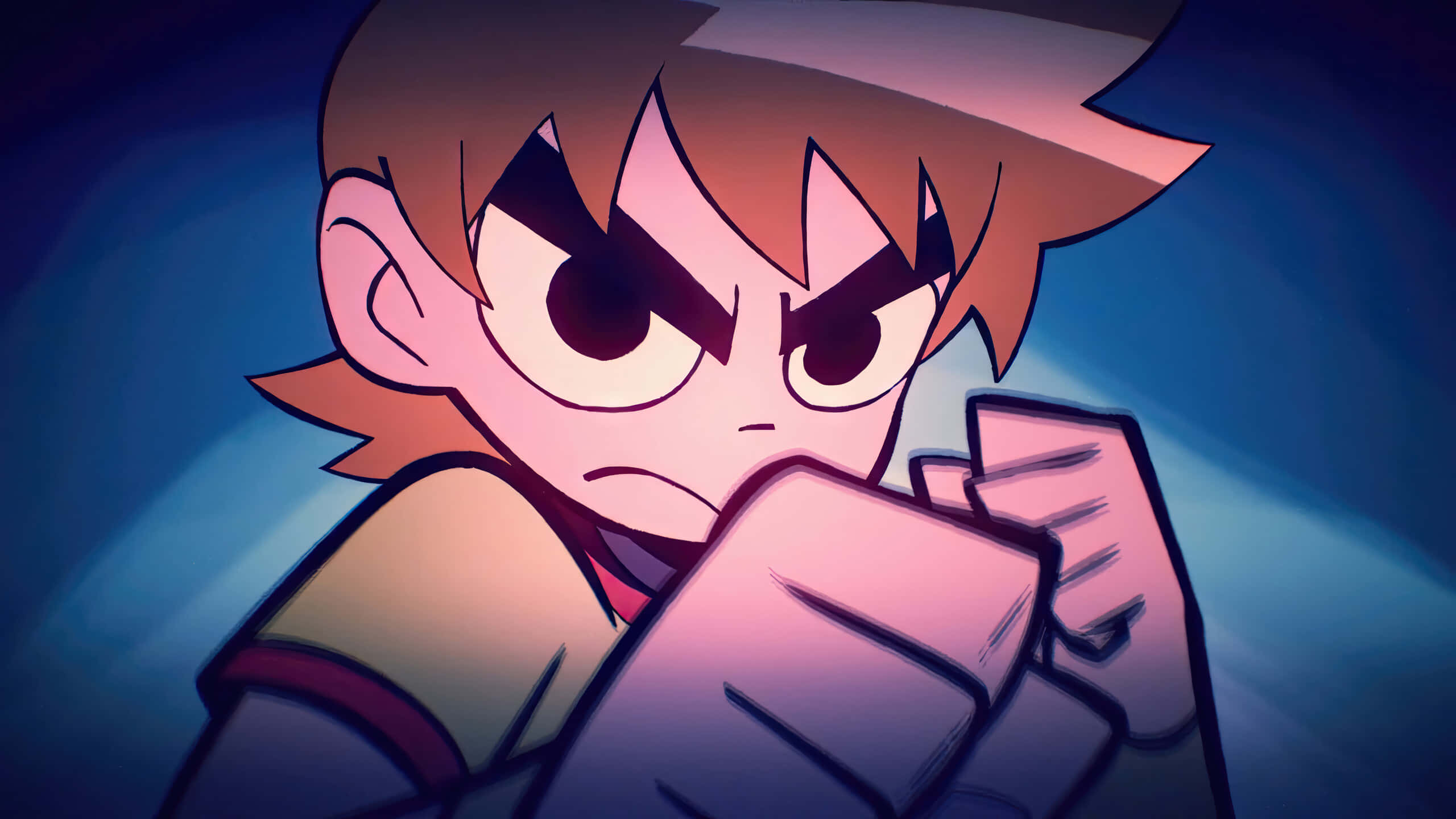 Scott Pilgrim, spiky brown hair, angry eyes, 2K Desktop Wallpaper