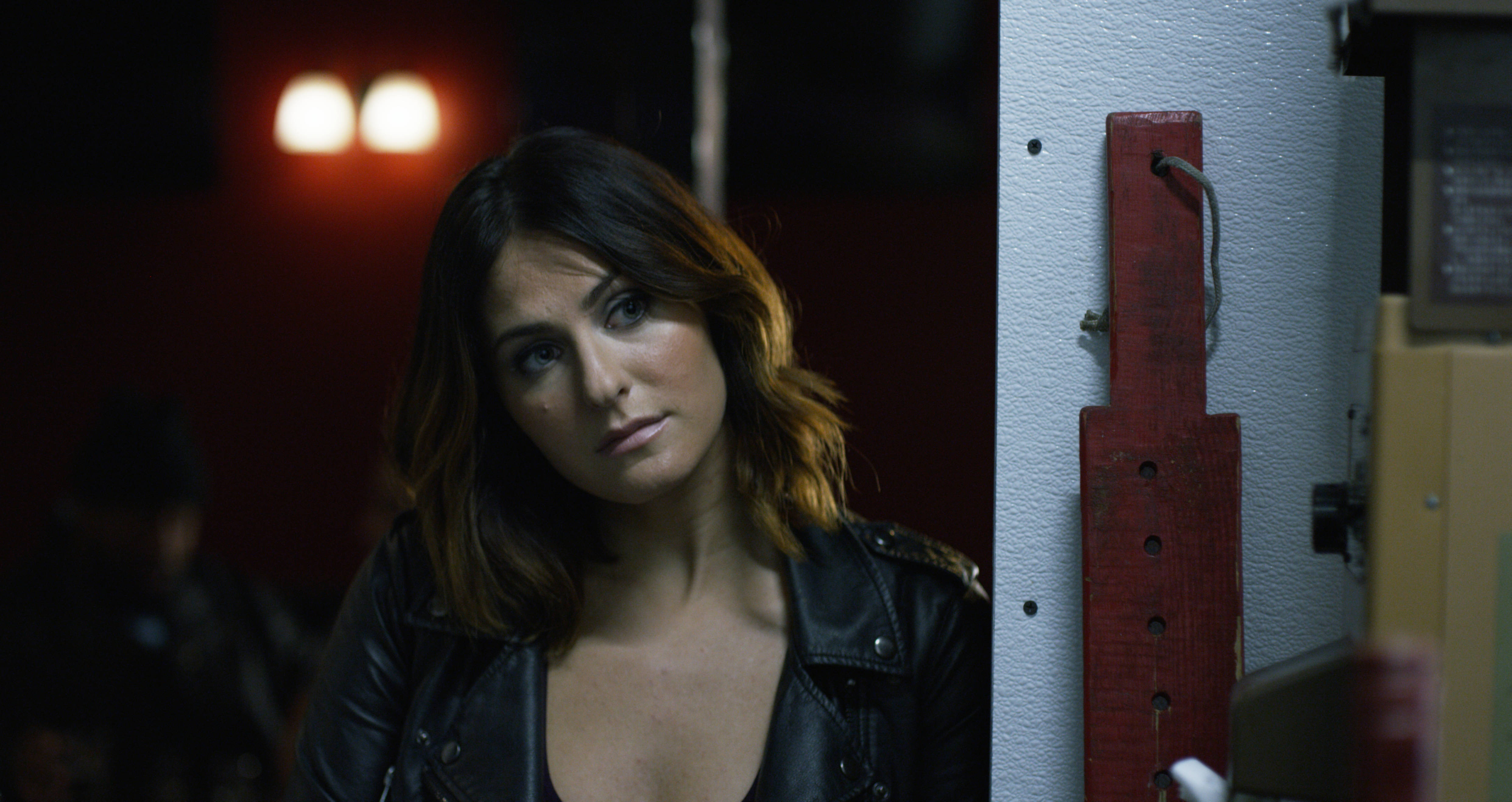 Scout Taylor-Compton, black leather jacket, red walls, 4K Desktop Wallpaper