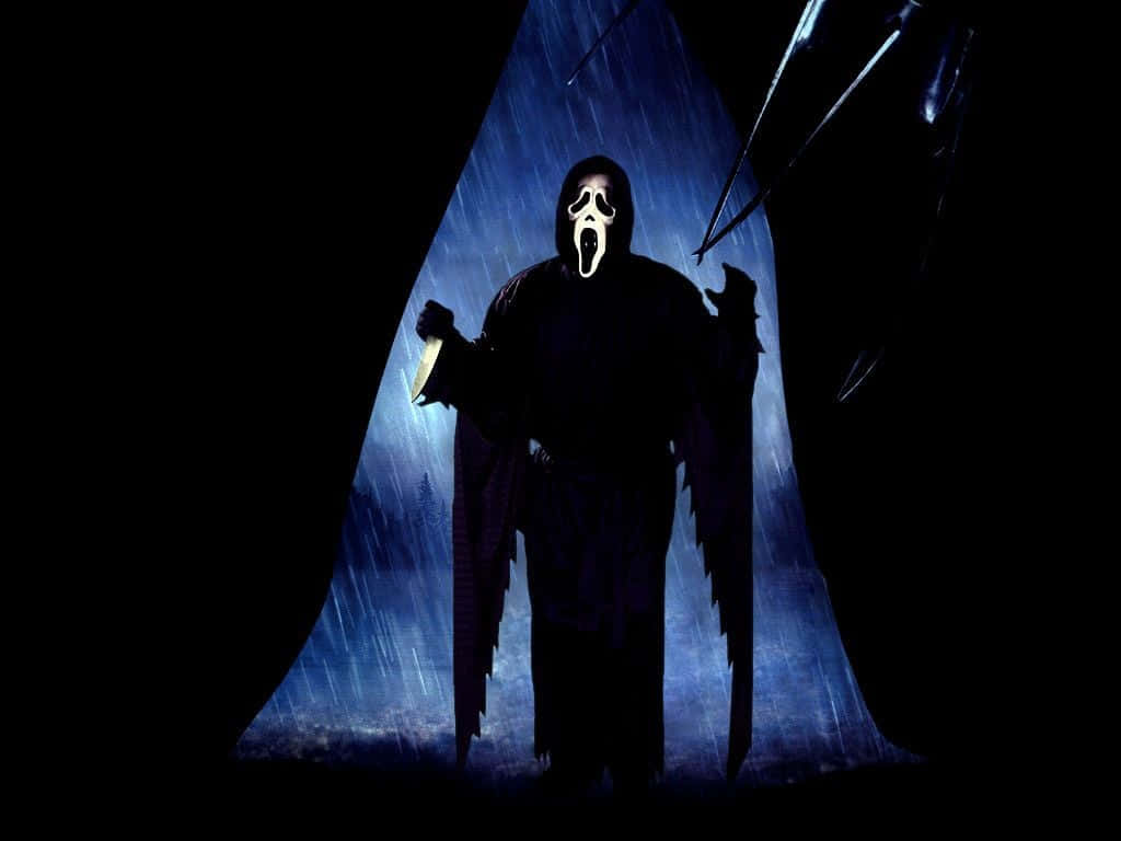 Scream Ghostface, white screaming mask, rain-soaked dark doorway, SD Desktop Wallpaper