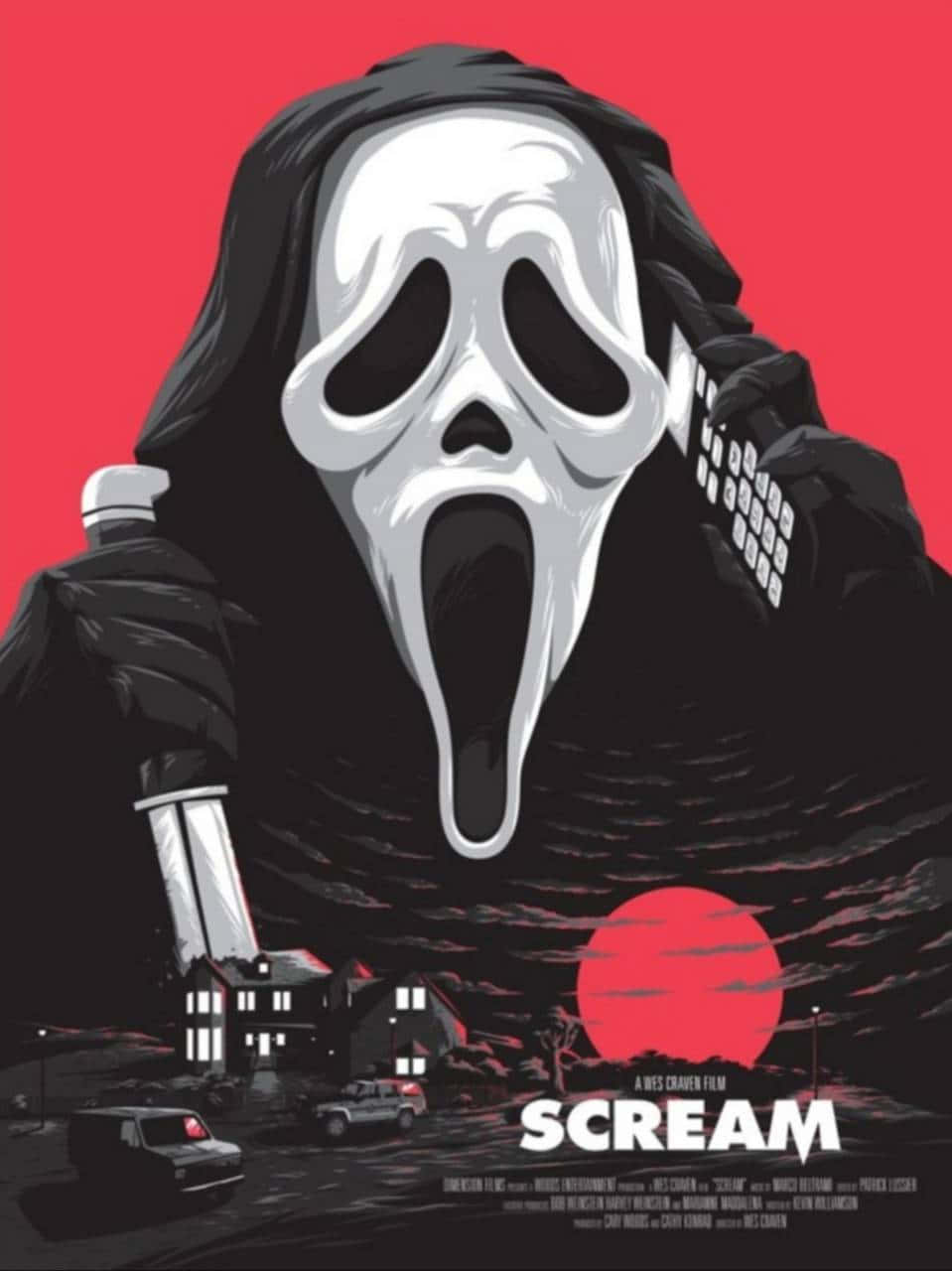 Scream Ghostface, blood-red sun, suburban neighborhood, HD Phone Wallpaper