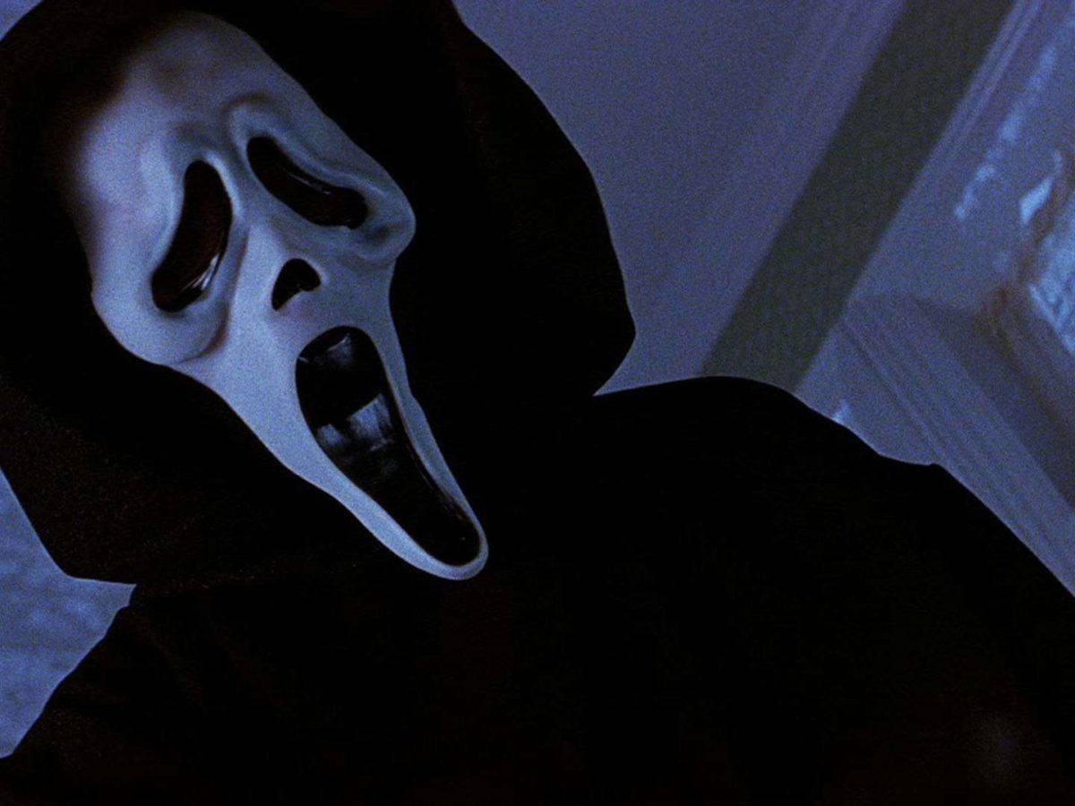 Scream Ghostface, white scream mask, dimly lit room, SD Desktop Wallpaper
