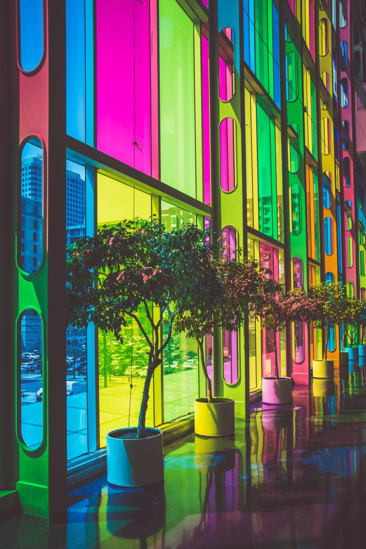 Colorful Solar Windows Screen Saver, neon-colored glass panels, glossy floors, Full HD Phone Wallpaper
