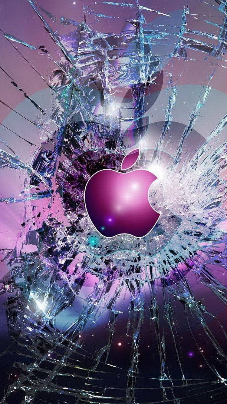 purple Apple logo, shattered glass effect, cosmic purple and blue starry background, HD Phone Wallpaper