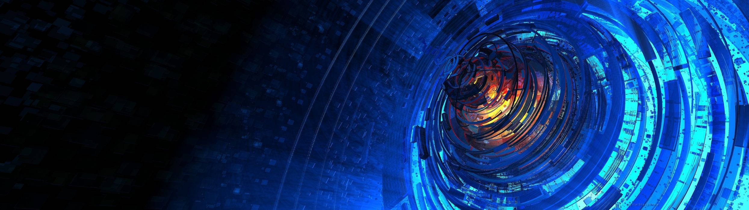 dual screen, blue digital tunnel, glowing orange core, Full HD Desktop Wallpaper