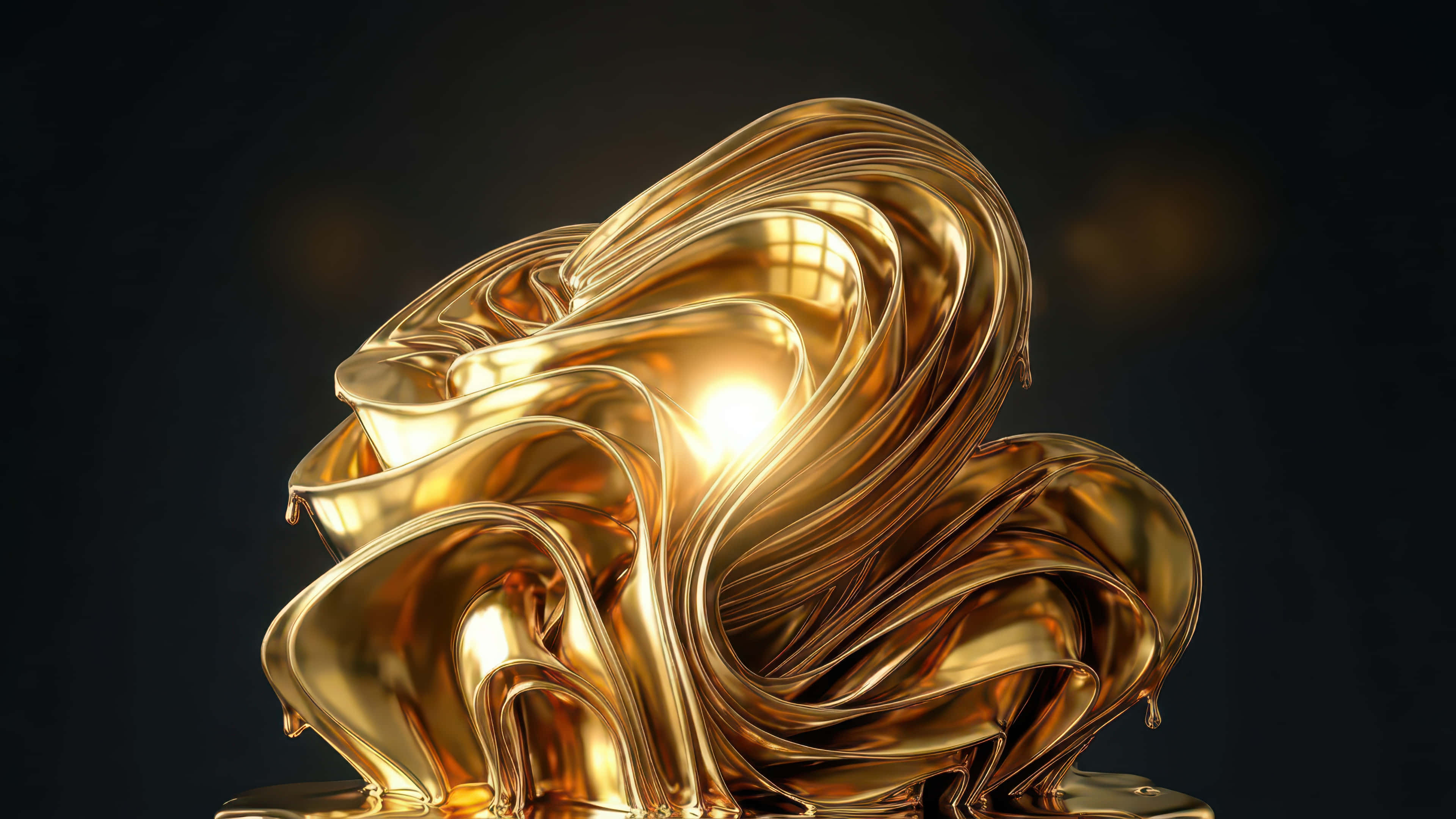 golden liquid metal metallic bloom, luminous golden liquid sculpture, intricate swirls, 4K Desktop Wallpaper