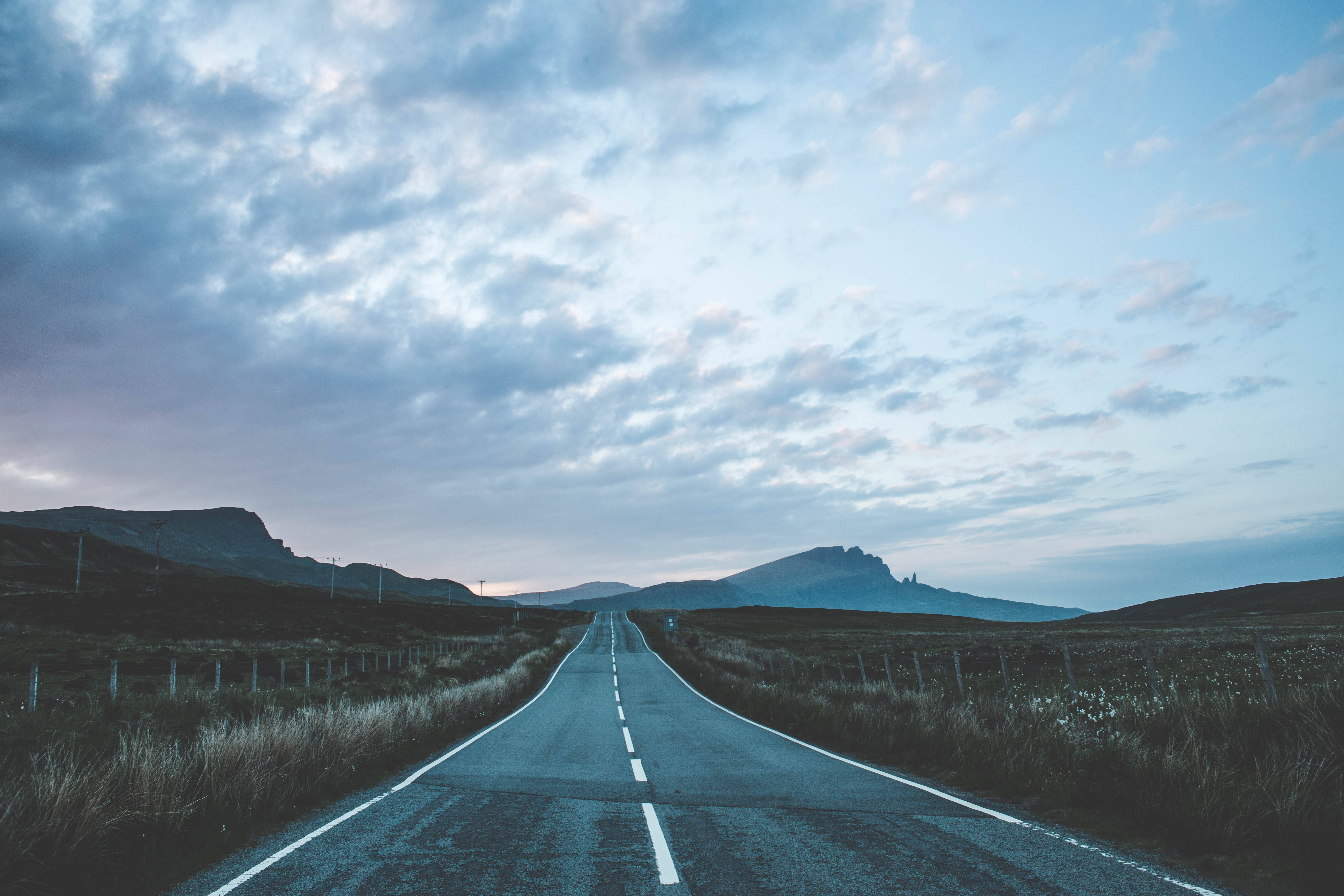 empty road, cloudy twilight sky, grassy hills, 5K Desktop Wallpaper