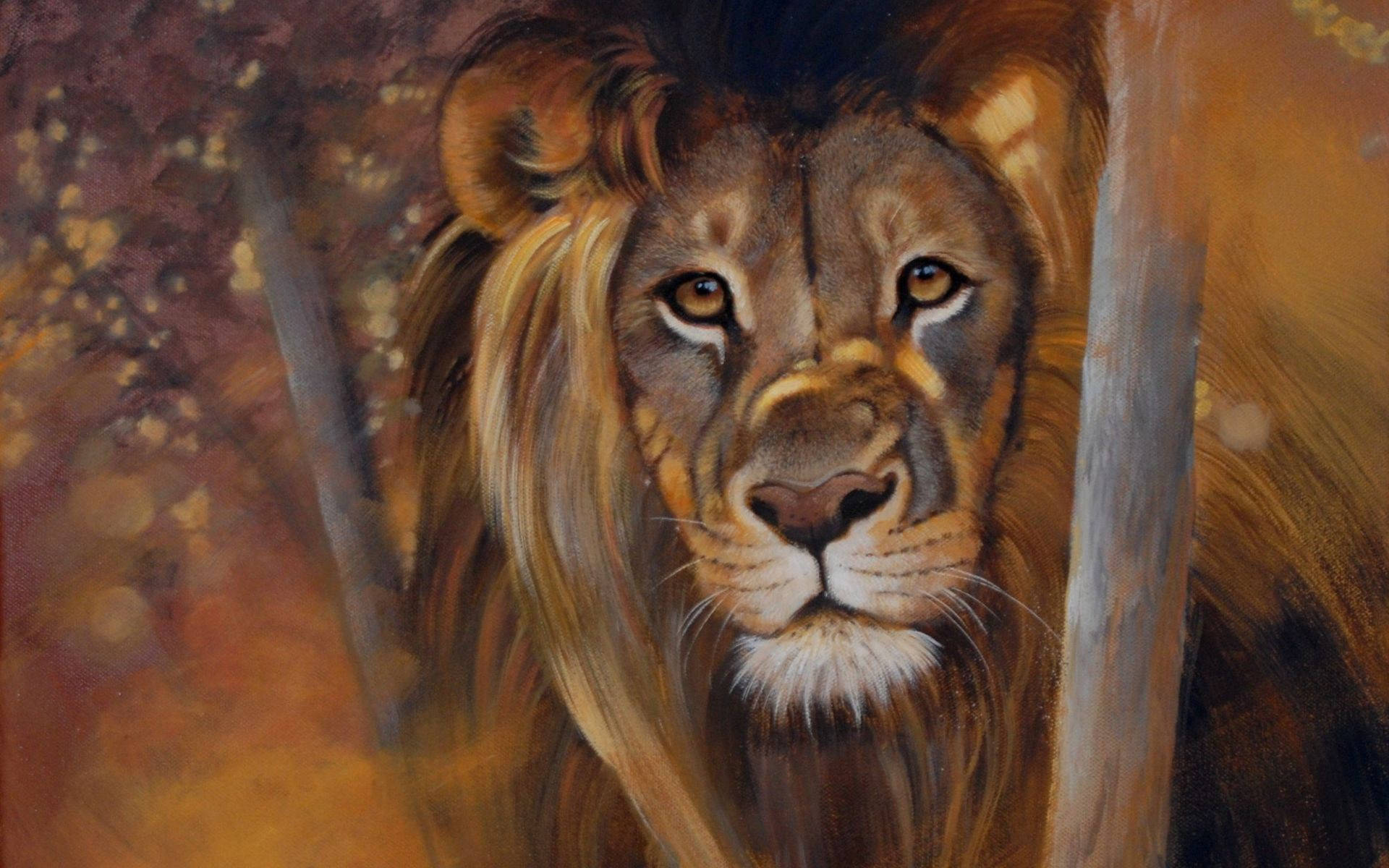 lion, golden mane, tree trunks, Full HD Desktop Wallpaper