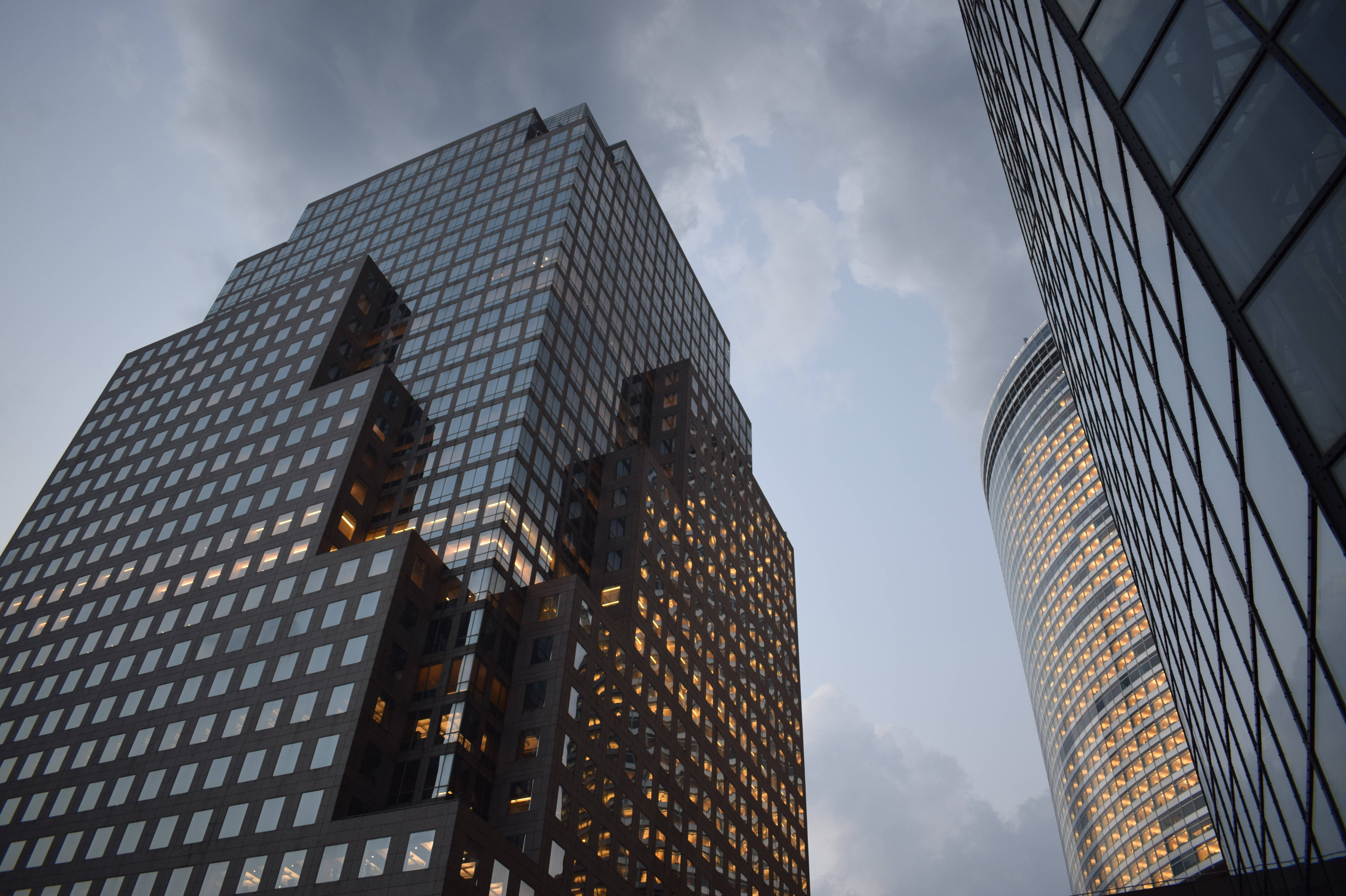 Gloomy Cityscape Screensavers, glass skyscrapers, cloudy twilight sky, 5K Desktop Wallpaper