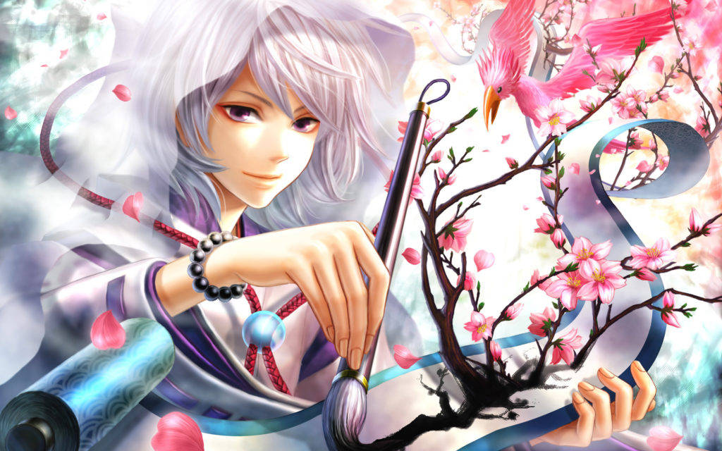 anime boy, silver hair, cherry blossom branch, SD Desktop Wallpaper