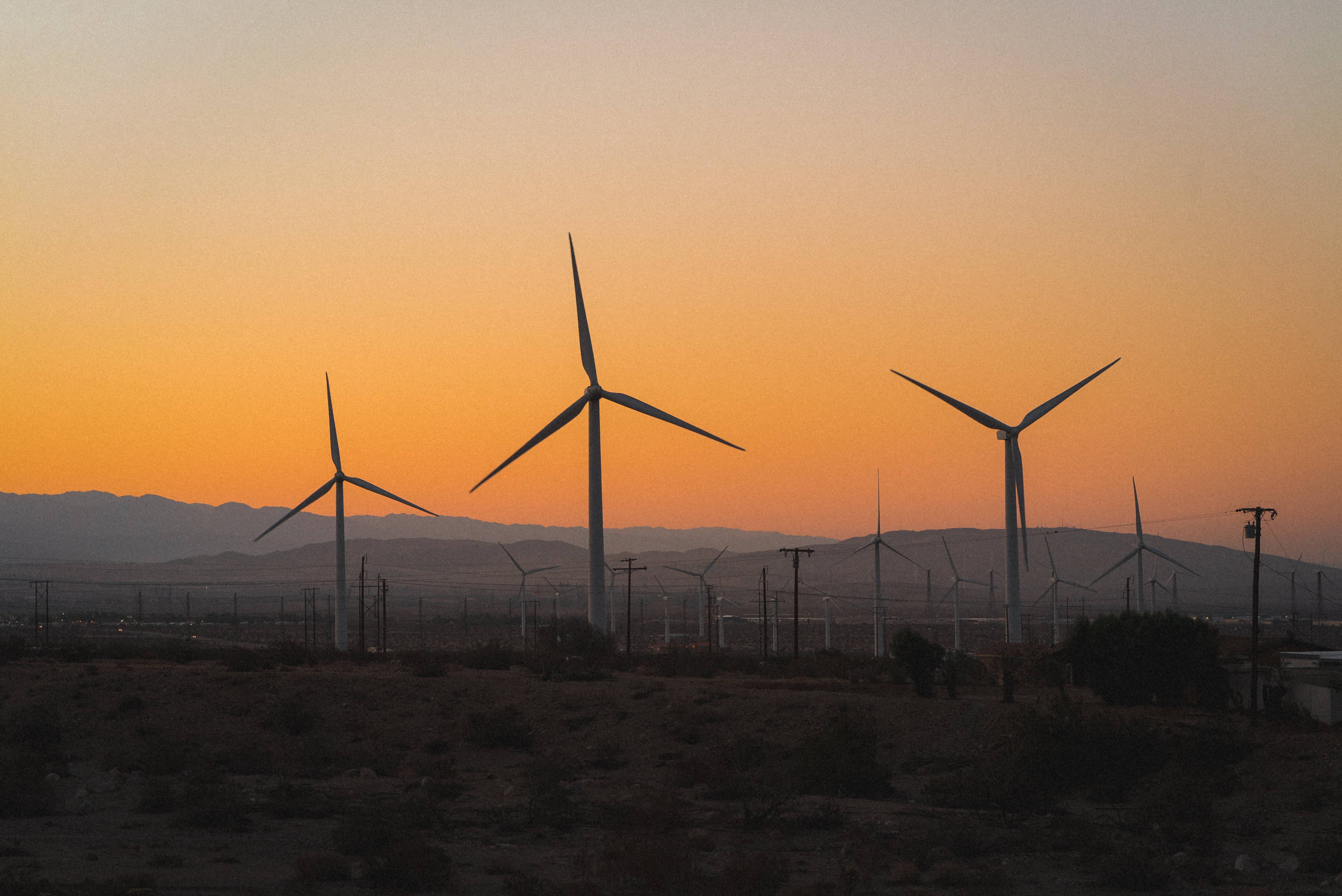 windmills, sunset, desert landscape, 4K Desktop Wallpaper
