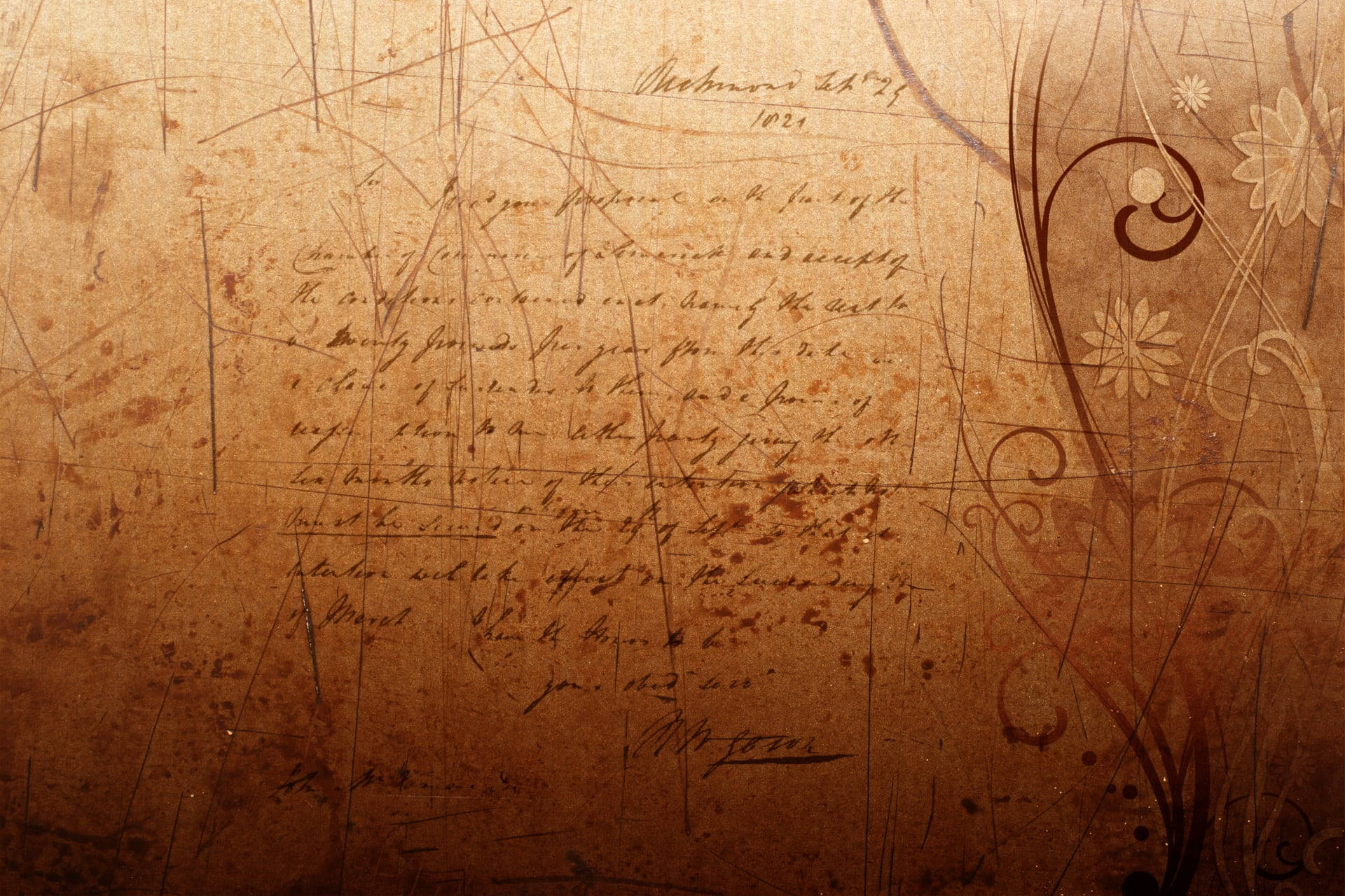floral brown paper, faded cursive script, ornate floral swirls, Full HD Desktop Wallpaper