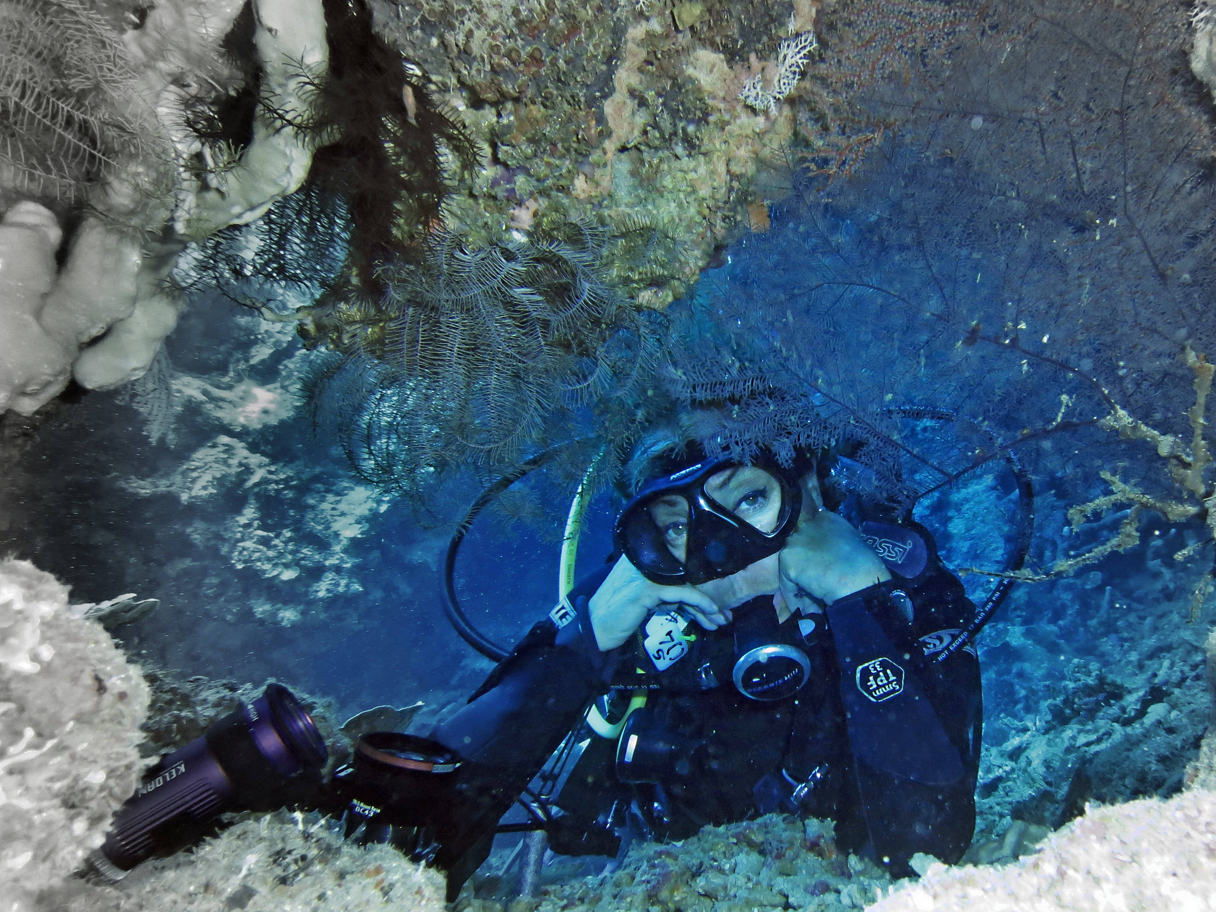 scuba diving, dark gear, coral overhang, 4K Desktop Wallpaper