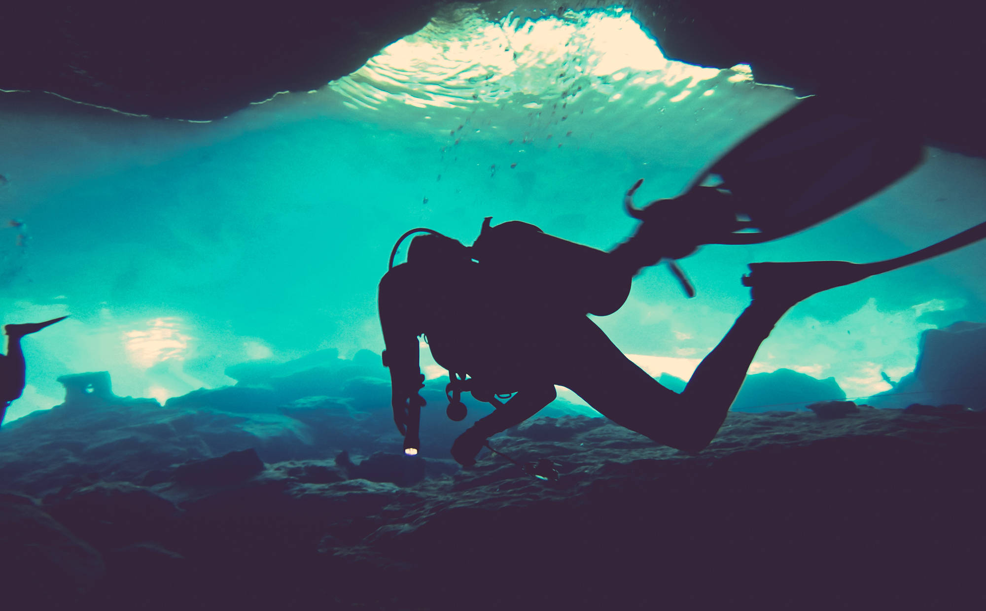 scuba diver, underwater cave, sunlight filtering through, Full HD Desktop Wallpaper
