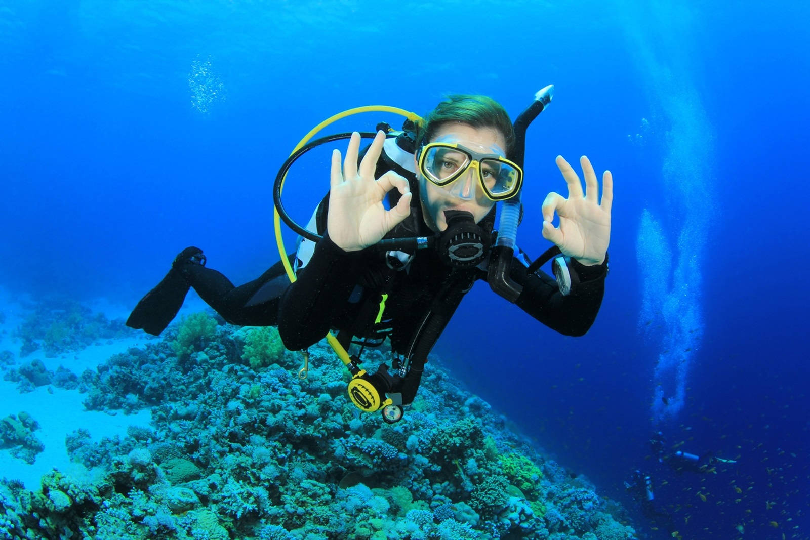 scuba diver, green hair, thumbs up, HD Desktop Wallpaper