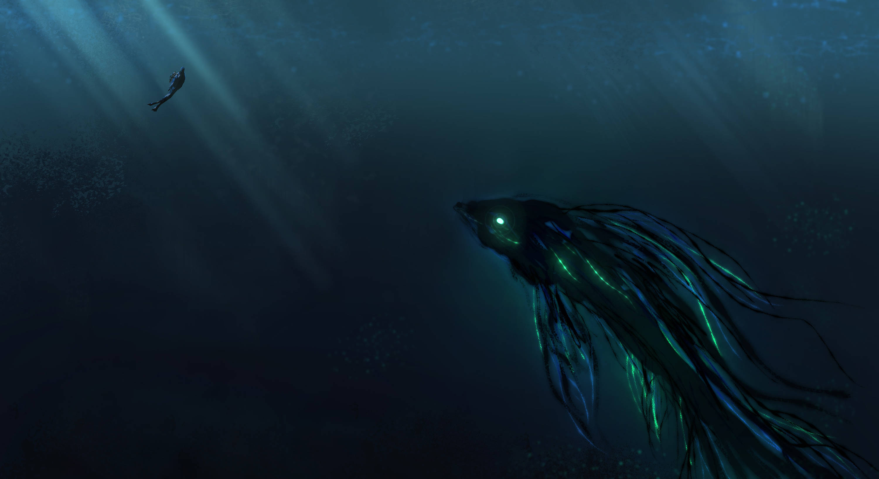scuba diving, glowing sea creature, bioluminescent fins, 2K Desktop Wallpaper