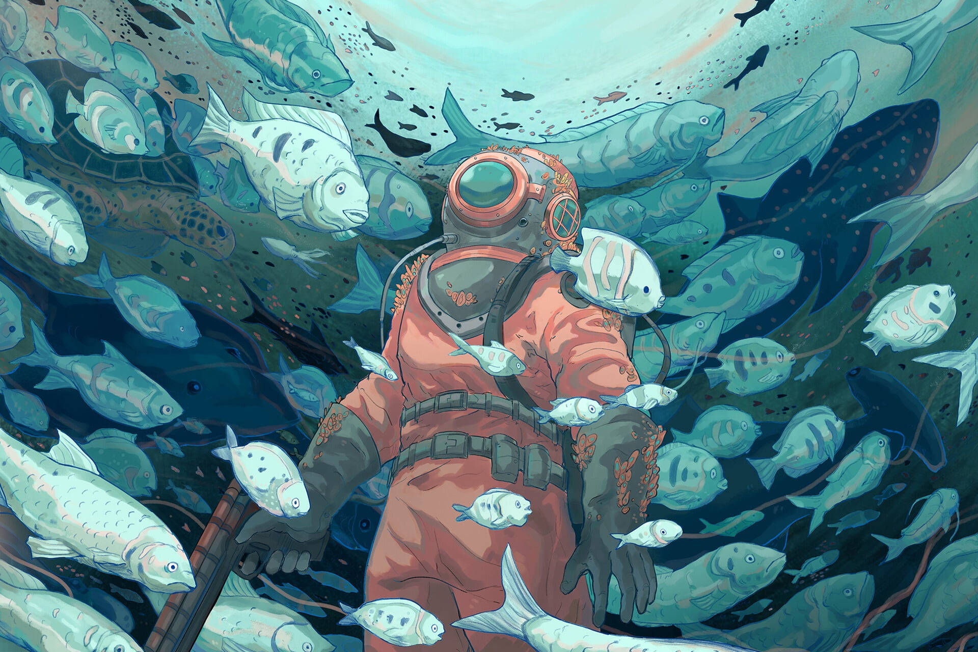 scuba diving retro gear painting, vintage orange suit, silver fish, Full HD Desktop Wallpaper