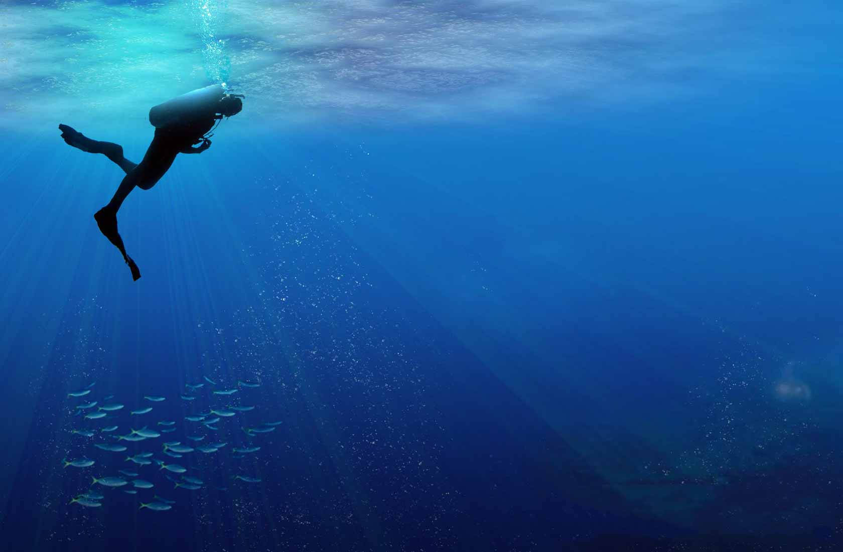 scuba diver, deep blue ocean waters, sunlight beams, HD Desktop Wallpaper