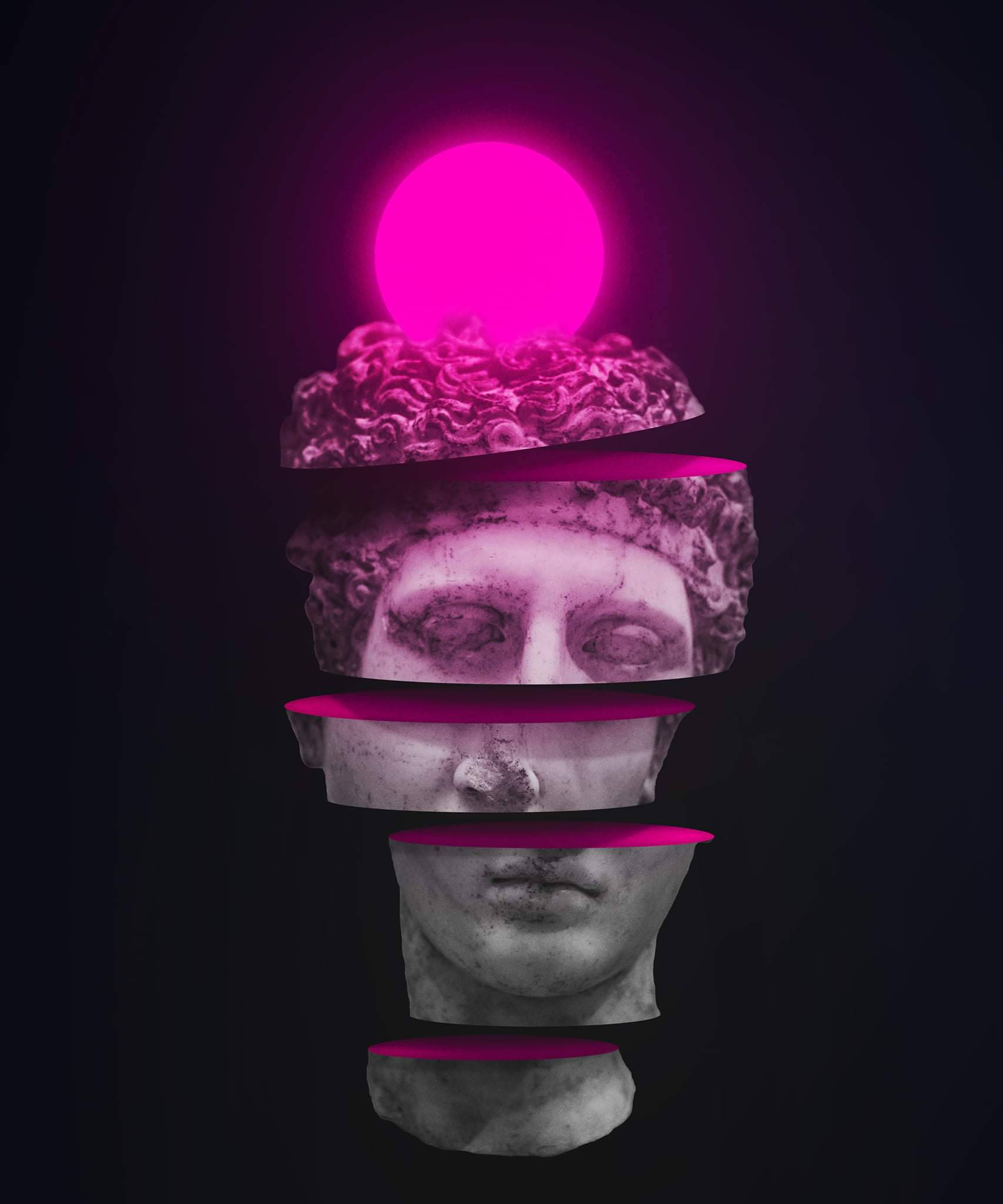 neon sliced sculpture, classical marble head, glowing pink orb, Full HD Phone Wallpaper