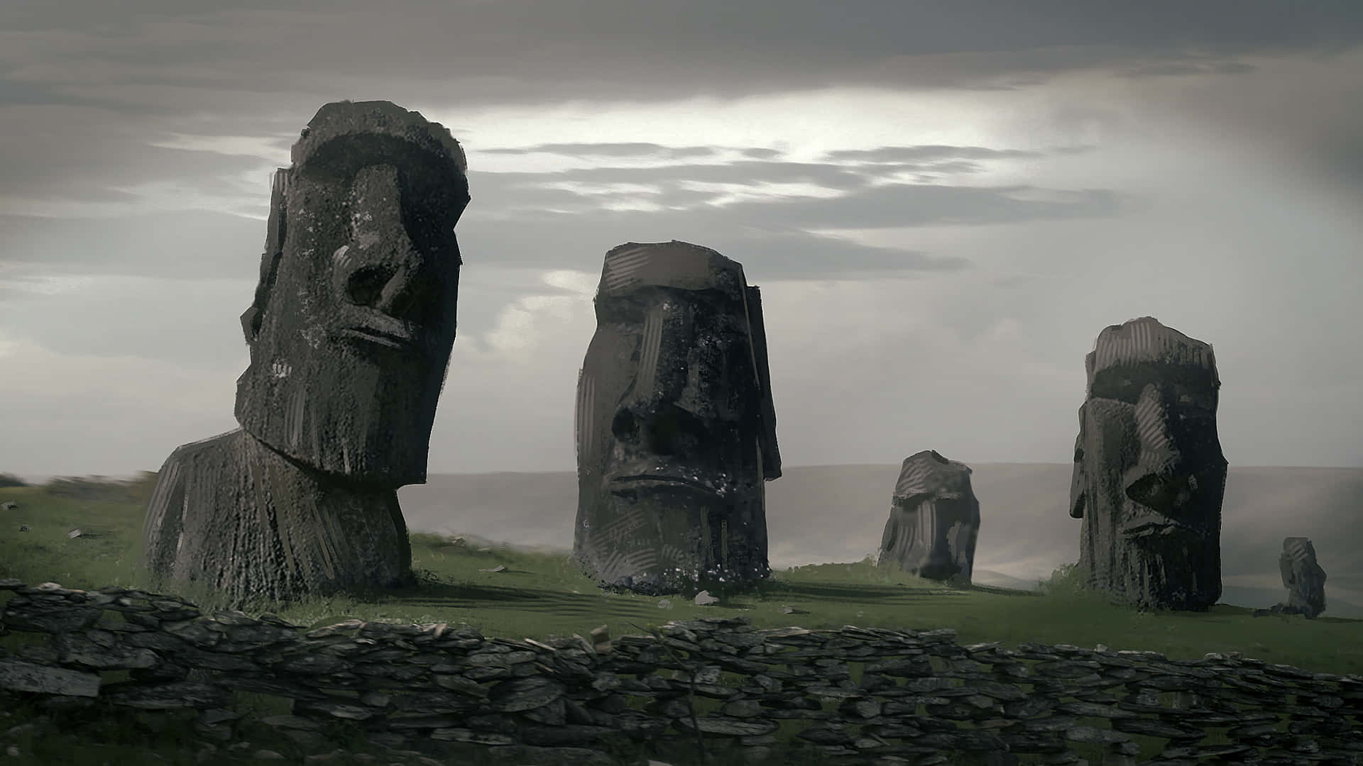 moai statues, misty green hill, cloudy sky, Full HD Desktop Wallpaper