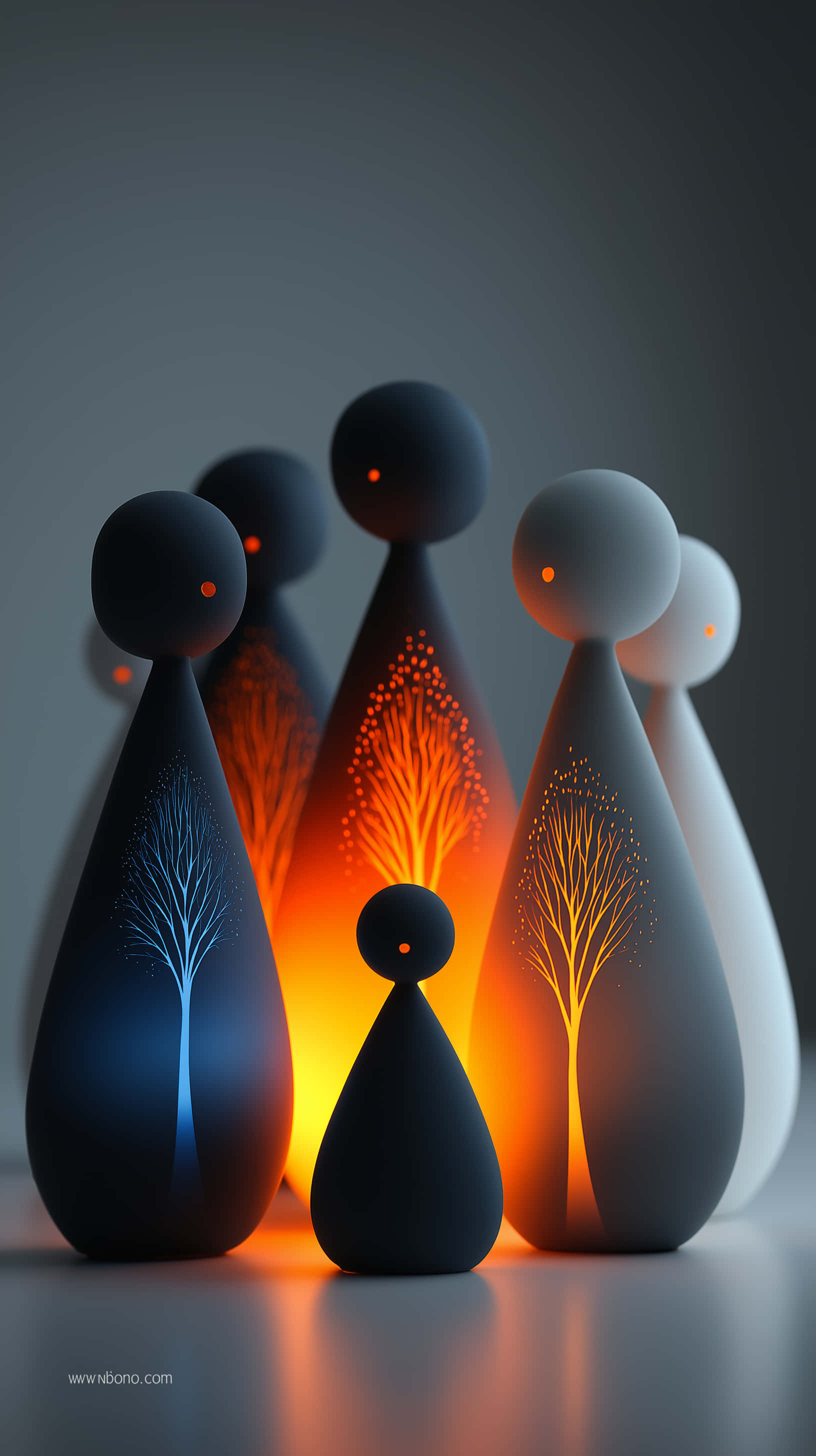 ceramic figures, inner glowing trees, tree patterns, 2K Phone Wallpaper