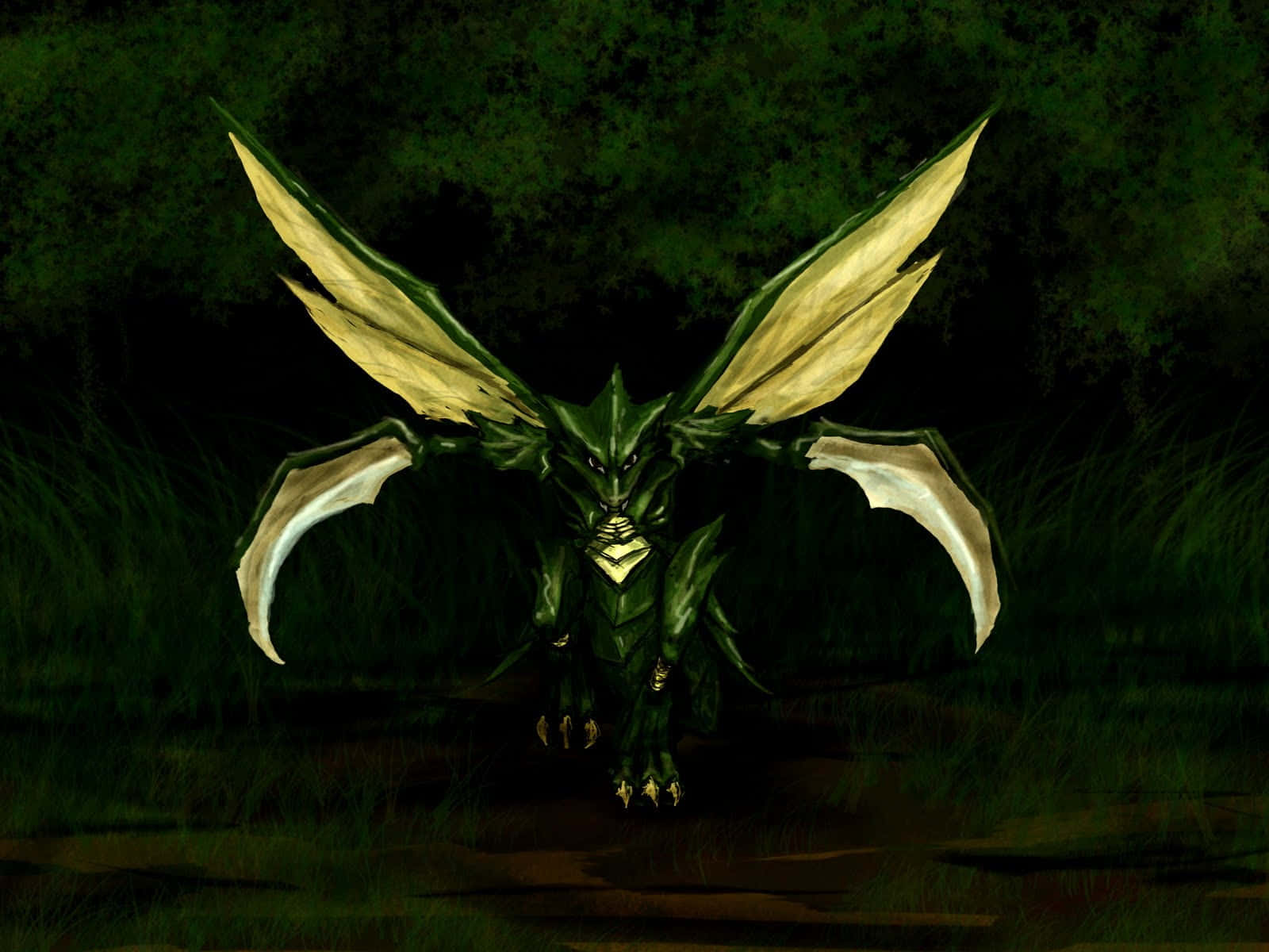 Dark Forest Scyther, green dragon, golden wings, HD Desktop Wallpaper